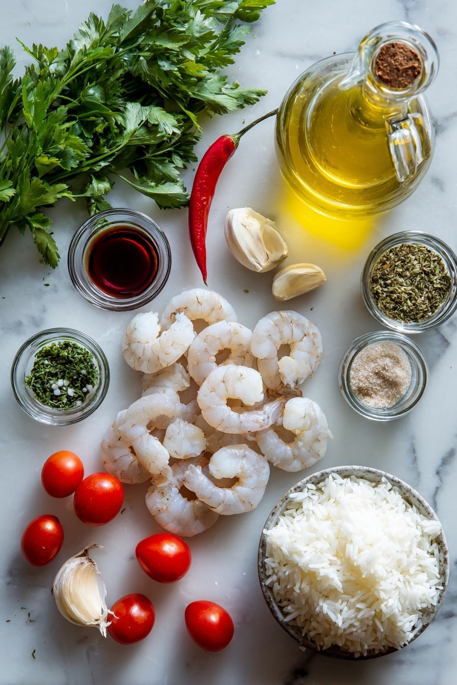 Flat lay of a small bottle of olive oil with some poured out, a couple of tablespoons of red wine vinegar in a tiny glass bowl, a generous handful of fresh parsley, one small red chile, three peeled garlic cloves, a teaspoon of dried oregano in a spice jar, a pinch of salt in a small pile, about a dozen raw jumbo shrimp arranged neatly, a small bowl of creamy tzatziki, a handful of halved cherry tomatoes, and a mound of fluffy white rice, placed on a white marble surface, photo taken with an iphone --ar 2:3 --v 7 - Chimichurri Shrimp with Rice and Tzatziki, grilled shrimp with chimichurri and tzatziki, quick seafood dinner ideas, healthy shrimp recipes, flavorful rice side dishes