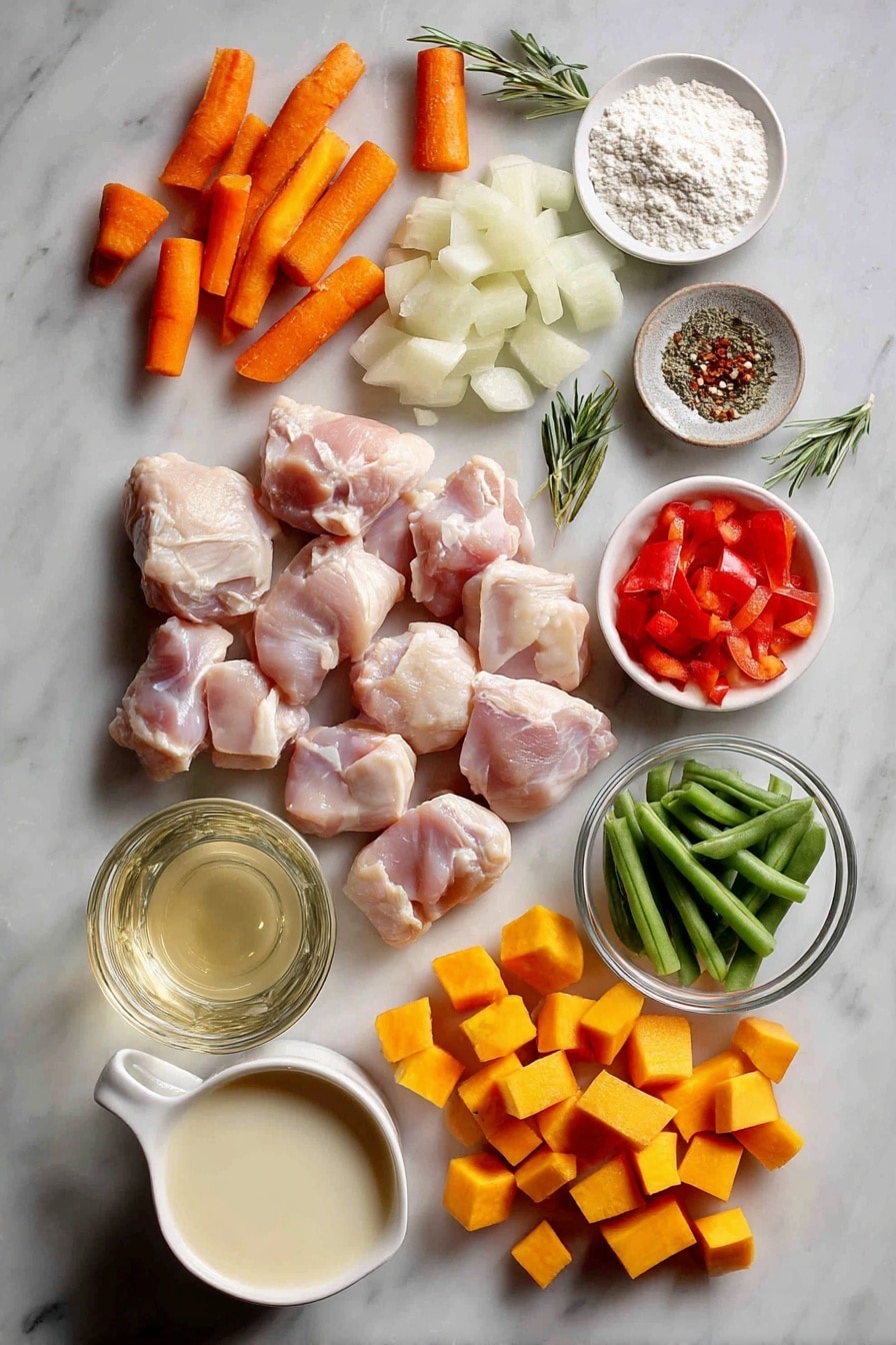 Flat lay of about eight diced boneless skinless chicken thighs, two diced carrots, one small chopped onion, two diced celery ribs, a small mound of all-purpose flour, a few sprigs of dried rosemary and thyme leaves alongside a pinch of ground sage, a handful of diced potatoes and sweet potatoes, half a finely diced red bell pepper, a small glass of white wine, a bowl of chicken broth, a cup of cut green beans, and a small cup of heavy cream placed on a white marble surface, photo taken with an iphone --ar 2:3 --v 7 - Hearty Chicken and Root Vegetable Stew, comforting chicken stew with root vegetables, easy chicken and veggie stew, cozy chicken stew recipe, nourishing root vegetable stew