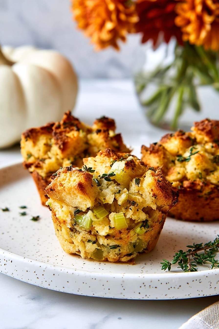 The image shows three savory bread muffins placed on a white plate with small speckles. Each muffin is layered with golden-brown toasted bread cubes mixed with green celery pieces and herbs, making a textured and crispy top layer, while the inside appears soft and slightly crumbly with visible bits of herb leaves throughout. In the background, there is a blurry white pumpkin and orange flowers in a clear vase sitting on a white marbled surface. The lighting is soft, highlighting the warm colors of the muffins and the autumn-themed setting. photo taken with an iphone --ar 2:3 --v 7 - Crispy-Edged Stuffing Muffins, Stuffins, Thanksgiving Stuffing Muffins, Individual Stuffing Portions, Holiday Side Dish
