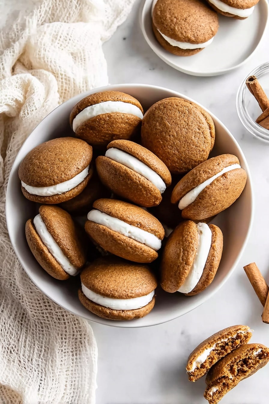 A white bowl filled with many sandwich cookies, each made of two round, soft brown layers with a smooth white cream filling in the middle. The cookies look soft and slightly bumpy on the surface. Nearby, on a white marbled surface, there is a white plate with three more cookies, one of which shows the inside with the cream and brown layers visible. In the corner, you see a white and beige cloth and a small glass with cinnamon sticks. The overall scene is light and cozy, with warm tones. photo taken with an iphone --ar 2:3 --v 7 - Easy Pumpkin Whoopie Pies, pumpkin whoopie pies, fall dessert recipes, pumpkin spice treats, homemade pumpkin cookies
