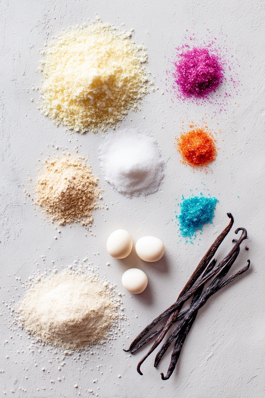 Flat lay of smooth egg whites in a small mound, delicate almond flour dusted lightly, a heap of fine superfine sugar sparkling softly, silky confectioners’ sugar piled gently, tiny drops of colorful gel food coloring in vibrant hues, a small pile of cream of tartar powder, and a few vanilla pods arranged elegantly, all placed on a white marble surface, photo taken with an iphone --ar 2:3 --v 7 - French Macarons Recipe, delicate French macarons, homemade macarons, pastel macarons with ruffled foot, easy macaron baking tips