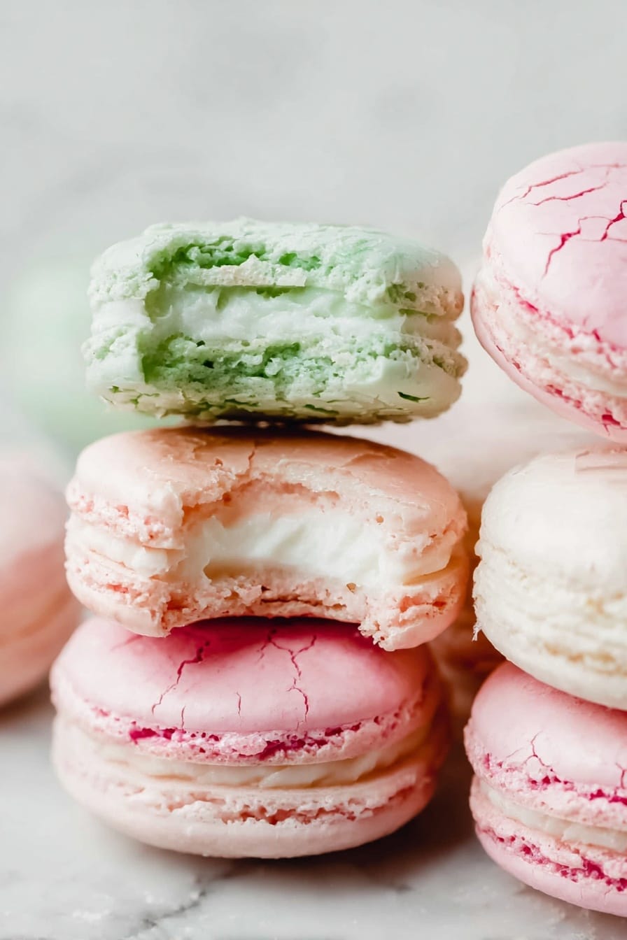 The image shows a close-up of several macarons stacked together on a white marbled surface. Two macarons in the front each have a bite taken out of them, revealing creamy white filling inside. The top bitten macaron is light green with a cracked, slightly rough texture on the shell, while the one below it is a soft pink with a similar cracked texture. To the right, there is a small stack of unbitten macarons in shades of pink, showing smooth shells and creamy white filling between two layers. The soft light highlights the delicate texture and pale colors of the macarons. photo taken with an iphone --ar 2:3 --v 7 - French Macarons Recipe, delicate French macarons, homemade macarons, pastel macarons with ruffled foot, easy macaron baking tips