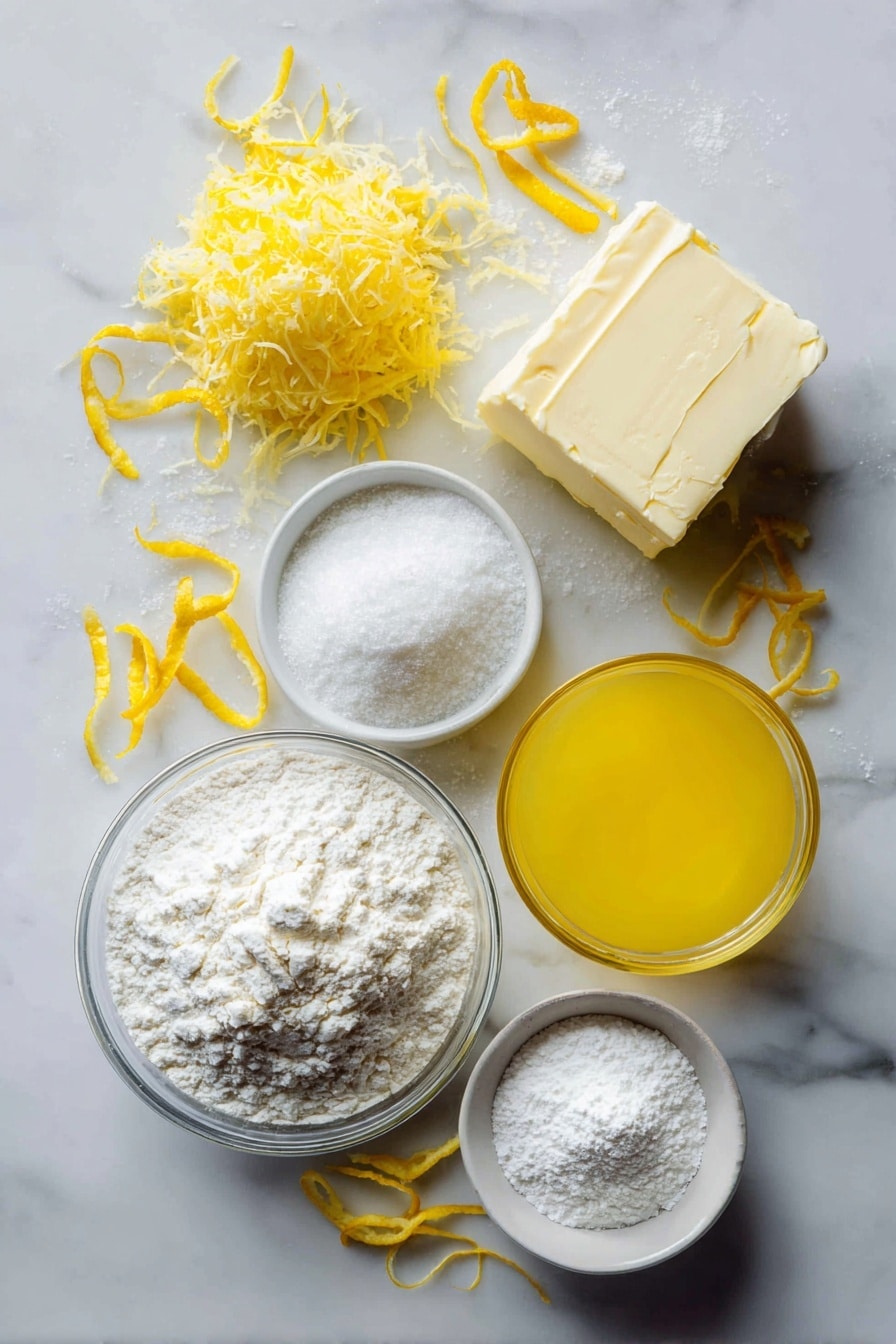 Flat lay of soft unsalted butter, granulated sugar crystals, bright fresh lemon zest curls, smooth all-purpose flour piles, fine white powdered sugar, small mound of cornstarch powder, and a glass of freshly squeezed lemon juice with vibrant yellow hues, all beautifully arranged with a few scattered lemon zest strips, placed on a white marble surface, photo taken with an iphone --ar 2:3 --v 7 - Lemon Meltaway Cookies, lemon cookies, buttery cookies, citrus cookie recipes, meltaway cookies