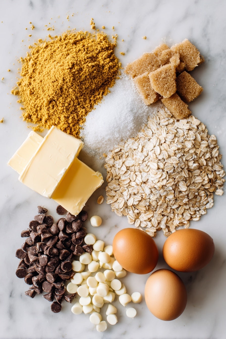 Flat lay of golden unsalted butter, light brown sugar packed in a small heap, bright butterscotch pudding mix packet opened with powder spilling slightly, quick oats scattered artfully, plump butterscotch chips, rich semi-sweet chocolate chips, creamy white chocolate chips, and smooth vanilla beans, all beautifully arranged with a few fresh eggs nearby, placed on a white marble surface, photo taken with an iphone --ar 2:3 --v 7 - Butterscotch Pudding Cookies with Chocolate Chips, easy butterscotch cookie recipe, soft and chewy pudding cookies, chocolate chip cookie recipe with butterscotch, homemade pudding cookies with chocolate chips