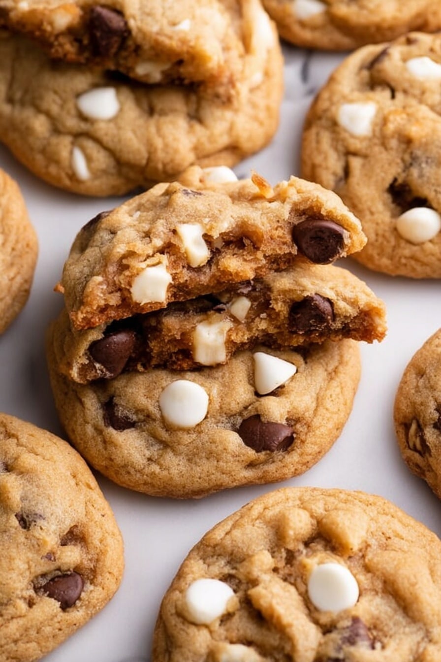 The image shows several soft cookies stacked on a white marbled surface. One cookie is split in half and placed on top of another cookie in the center, showing a soft and chewy inside with visible white, dark brown, and light brown chips mixed throughout the golden-brown dough. The whole cookies surrounding it are round, slightly bumpy, and dotted with dark brown, white, and light brown chips scattered across their tops. The overall look is warm and inviting with a variety of chip colors adding contrast to the golden cookie dough. Photo taken with an iphone --ar 2:3 --v 7 - Butterscotch Pudding Cookies with Chocolate Chips, easy butterscotch cookie recipe, soft and chewy pudding cookies, chocolate chip cookie recipe with butterscotch, homemade pudding cookies with chocolate chips