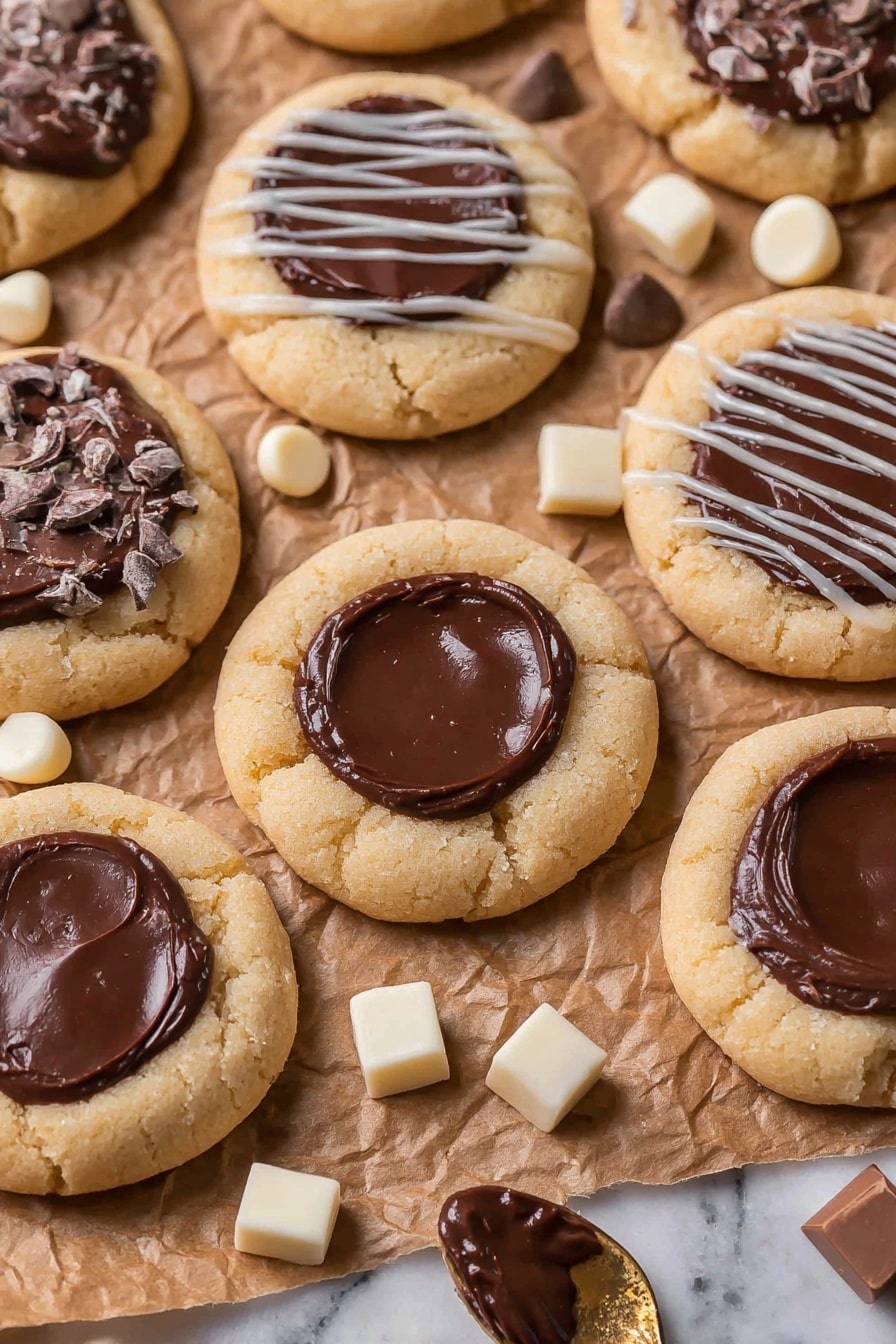 The image shows a group of round cookies on crinkled brown parchment paper placed on a white marbled surface. The cookies have a pale, light golden dough base about one layer thick, with a smooth, dark brown chocolate circle spread in the center of each cookie. Some cookies are decorated with thin zigzag lines of white and dark chocolate drizzled on top in a second layer. Scattered around the cookies are small white chocolate drops and square dark chocolate pieces. A small part of a gold spoon with some chocolate on it is visible in the bottom right corner. Photo taken with an iphone --ar 2:3 --v 7 - Nutella Thumbprint Cookies, Nutella Cookies, Chocolate Hazelnut Cookies, Easy Nutella Cookie Recipe, Chewy Nutella Cookies