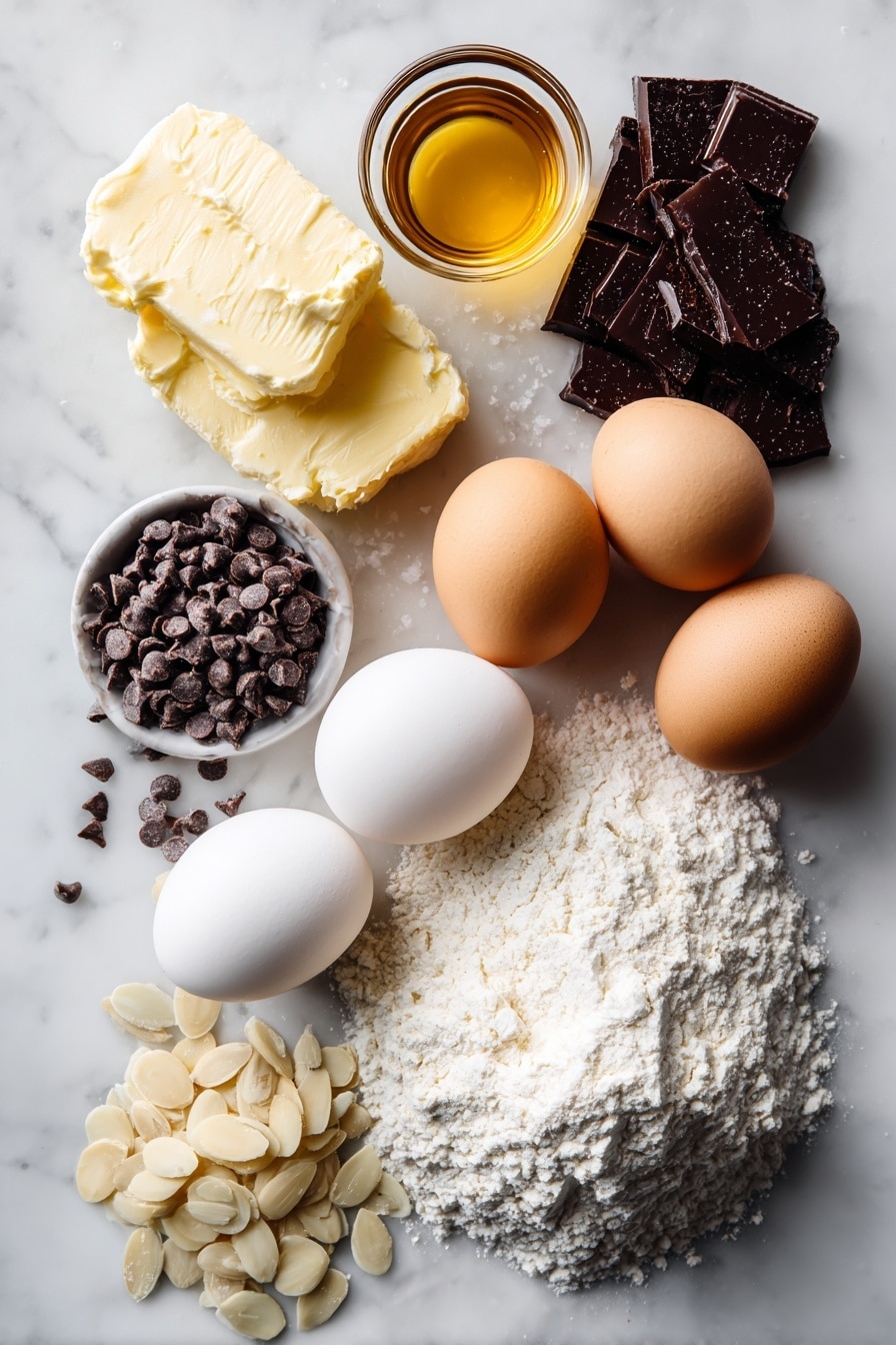 Flat lay of soft unsalted butter, granulated sugar sparkling in a small pile, three large fresh eggs with smooth shells, a small glass of golden vanilla extract, heaps of all-purpose flour dusted lightly, a scattering of slivered almonds with a rich texture, mini chocolate chips glistening dark, and glossy dark chocolate melting wafers, all beautifully arranged and contrasting on a white marble surface, photo taken with an iphone --ar 2:3 --v 7 - Chocolate Chip Almond Biscotti, Biscotti recipes, homemade biscotti, almond biscotti, crunchy chocolate biscotti