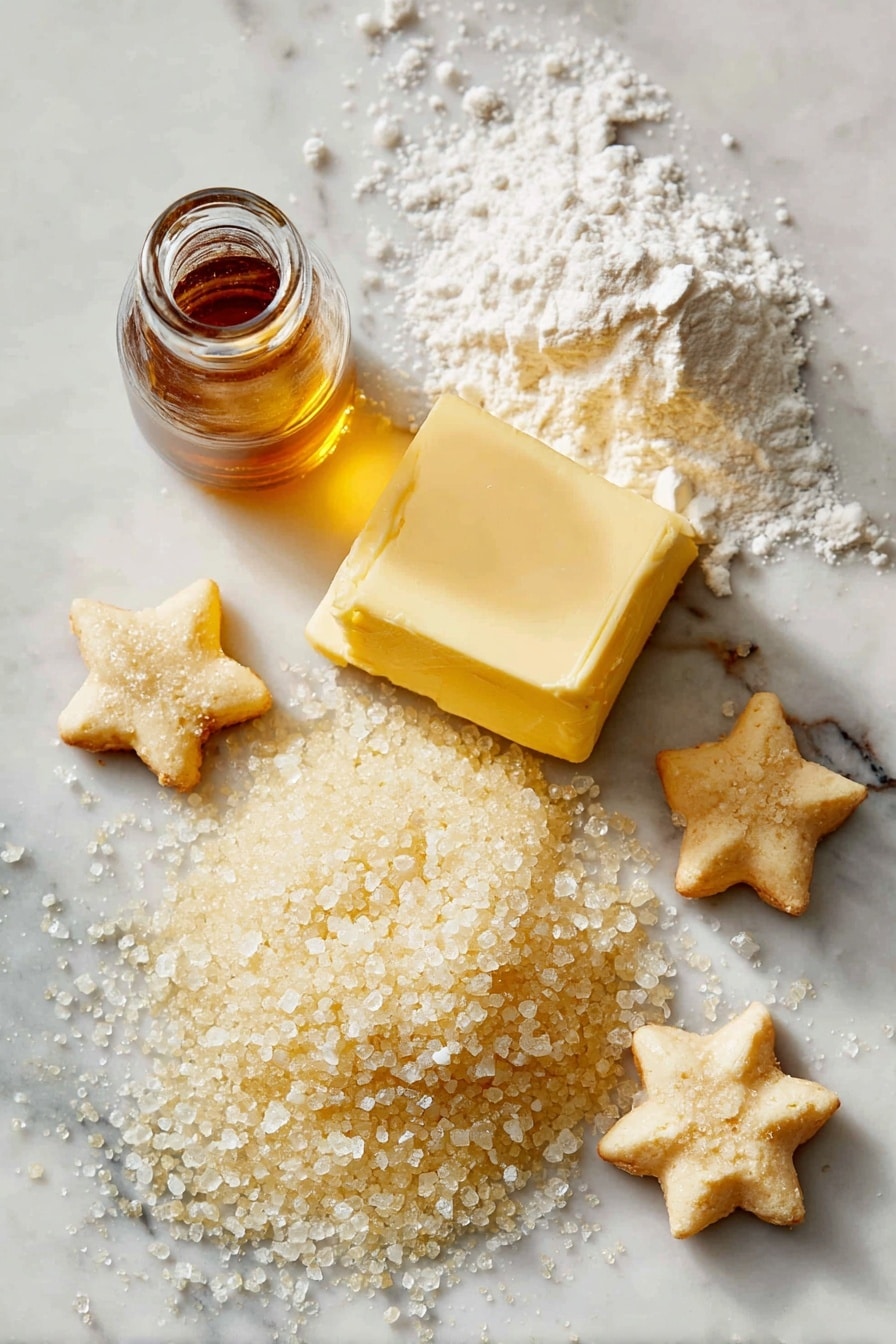Flat lay of soft butter at room temperature, a small heap of powdered sugar, a tiny glass bottle of vanilla extract, fine cake flour scattered lightly, a few delicate star-shaped piped butter cookies, and a sprinkle of granulated sugar crystals beautifully arranged in a natural, inviting way, placed on a white marble surface, photo taken with an iphone --ar 2:3 --v 7 - Danish Butter Cookies, buttery cookies recipe, crispy butter cookies, easy Danish cookies, homemade butter cookies