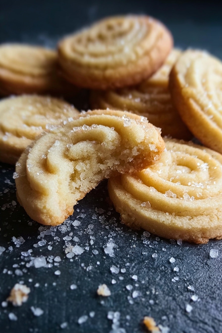 The image shows a close-up of several light golden brown, round cookies with a spiral pattern and a slightly rough texture on a dark surface sprinkled with large sugar crystals. One cookie in the front is broken in half, revealing a soft and crumbly inside with a pale beige color. The cookies have a slightly crisp edge and a soft center, with visible sugar crystals on top adding sparkle. In the background, a white marbled surface is visible. photo taken with an iphone --ar 2:3 --v 7 - Danish Butter Cookies, buttery cookies recipe, crispy butter cookies, easy Danish cookies, homemade butter cookies