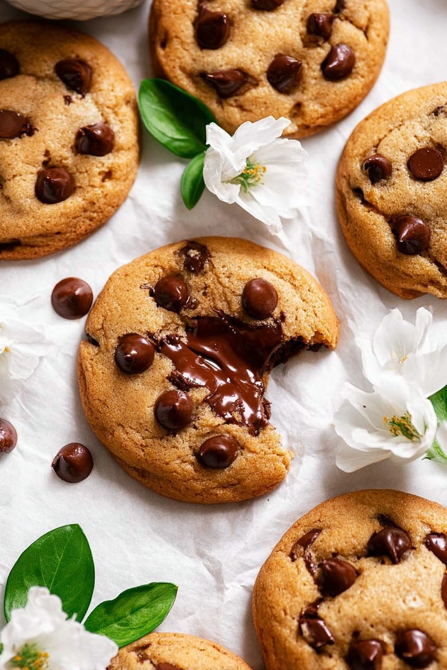 The image shows a group of golden brown chocolate chip cookies with a soft texture, arranged on a white marbled surface covered with pale white parchment paper. Each cookie is dotted with dark, glossy chocolate chips that create contrast against the warm cookie dough. One cookie is broken, revealing a melted chocolate center with a smooth, shiny texture. Around the cookies, there are several white flowers with green leaves, adding freshness and color to the scene. The photo taken with an iphone --ar 2:3 --v 7 - Nutella Stuffed Cookies, Nutella stuffed cookies recipe, chocolate-filled cookie recipe, gooey Nutella cookies, easy Nutella cookie recipe