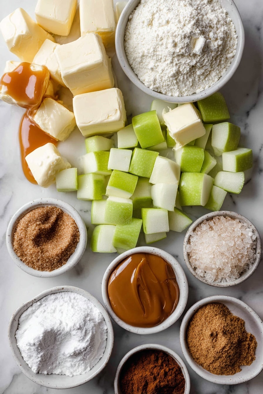 Flat lay of soft cubes of cold butter, scoops of creamy softened butter and cream cheese, glistening caramel sauce drizzled artistically, bright green apple cubes, small piles of granulated sugar and dark brown sugar, dustings of cinnamon and nutmeg powder, scattered all-purpose flour, and a rich scoop of powdered sugar, all beautifully arranged on a white marble surface, photo taken with an iphone --ar 2:3 --v 7 - Caramel Apple Cookies, Caramel Apple Cookies Crumbl Copycat, Fall Cookies with Caramel and Apples, Soft Apple Cookies with Cinnamon, Easy Caramel Apple Cookie Recipe