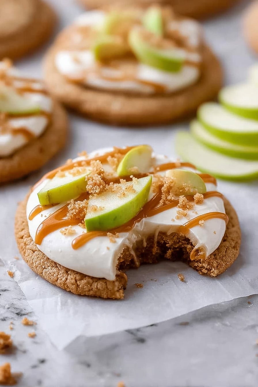 A single round cookie with a light brown color forming the base layer has a bite taken out of its side, showing a soft texture inside. On top of the cookie is a thick layer of smooth white cream, spread evenly. Scattered on the cream are small, light brown crumbly bits that add texture. Small green apple pieces with a shiny surface sit on the crumbs. Drizzled over everything is a caramel-colored sauce in thin lines across the top. The cookie rests on a piece of white parchment paper on a white marbled surface, with blurred cookies and green apple slices in the background. Photo taken with an iphone --ar 2:3 --v 7 - Caramel Apple Cookies, Caramel Apple Cookies Crumbl Copycat, Fall Cookies with Caramel and Apples, Soft Apple Cookies with Cinnamon, Easy Caramel Apple Cookie Recipe