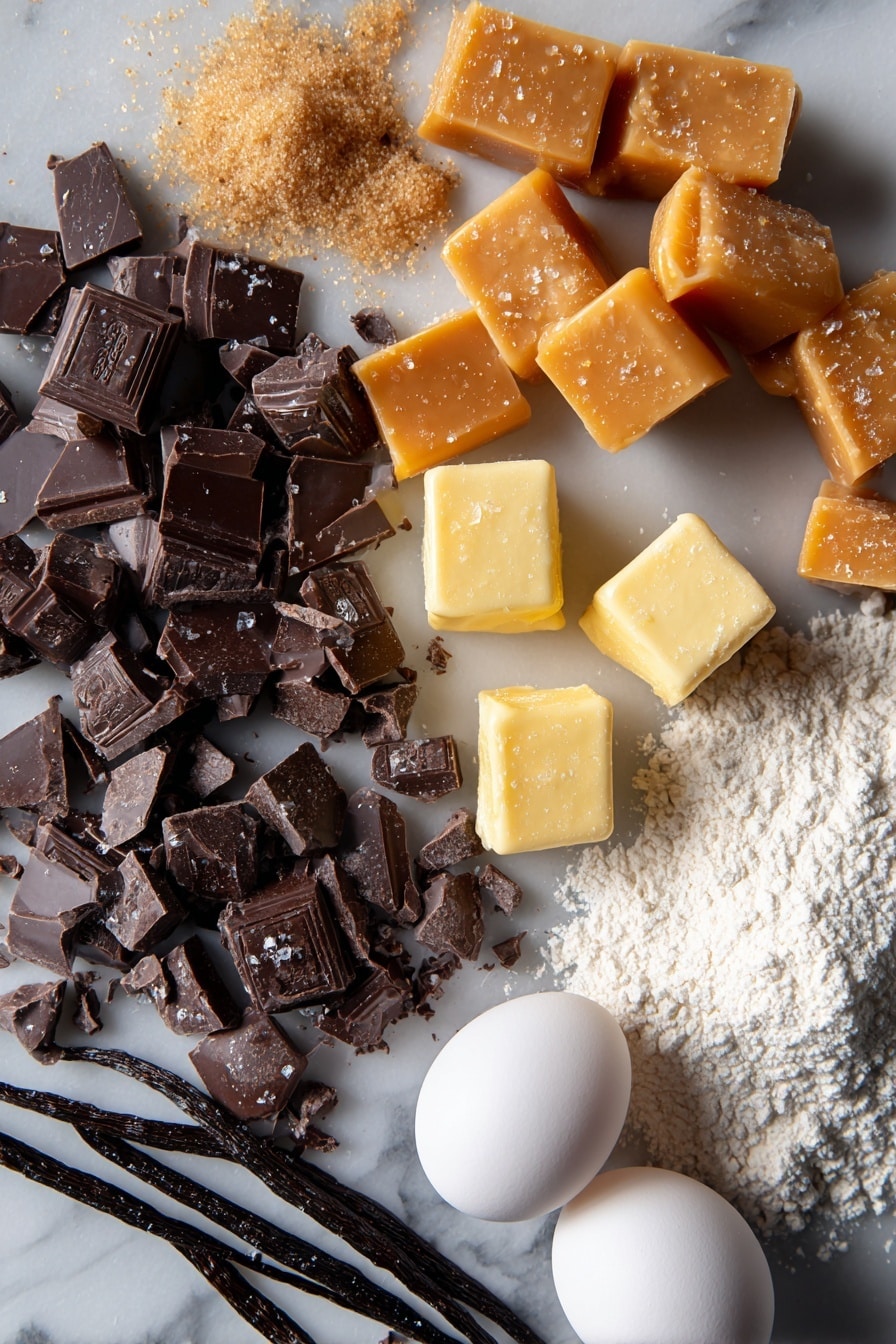 Flat lay of coarsely chopped dark chocolate chunks, golden hard caramel pieces shimmering with a glossy finish, light brown sugar crystals in a small pile, creamy unsalted butter cubes, whole vanilla beans split open showing tiny seeds, glossy large eggs with smooth shells, scattered sea salt flakes catching the light, and a heap of soft all-purpose flour, all beautifully arranged with balanced spacing and natural light highlights, placed on a white marble surface, photo taken with an iphone --ar 2:3 --v 7 - Chewy Salted Caramel Chocolate Chip Cookies, salted caramel cookies, chocolate chip cookie recipes, homemade cookie recipes, best chewy cookies