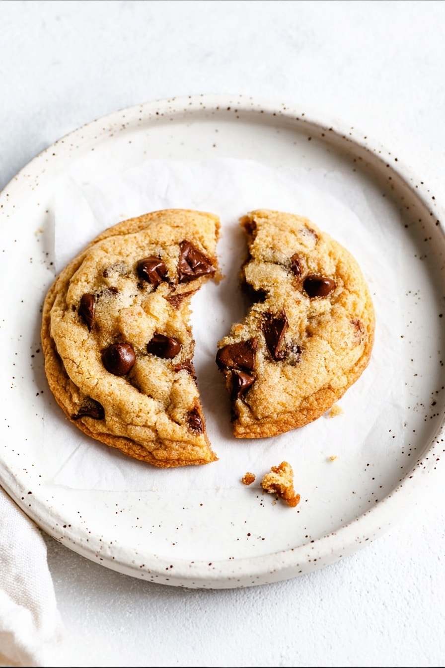 A round cookie with a light golden-brown color is placed on a square white paper on a white plate with a speckled rim. The cookie is broken into two uneven halves, showing a soft and slightly chewy texture with melting dark chocolate chips inside. The background is a white marbled texture, and part of a white cloth is visible on the side. photo taken with an iphone --ar 2:3 --v 7 - Chewy Salted Caramel Chocolate Chip Cookies, salted caramel cookies, chocolate chip cookie recipes, homemade cookie recipes, best chewy cookies