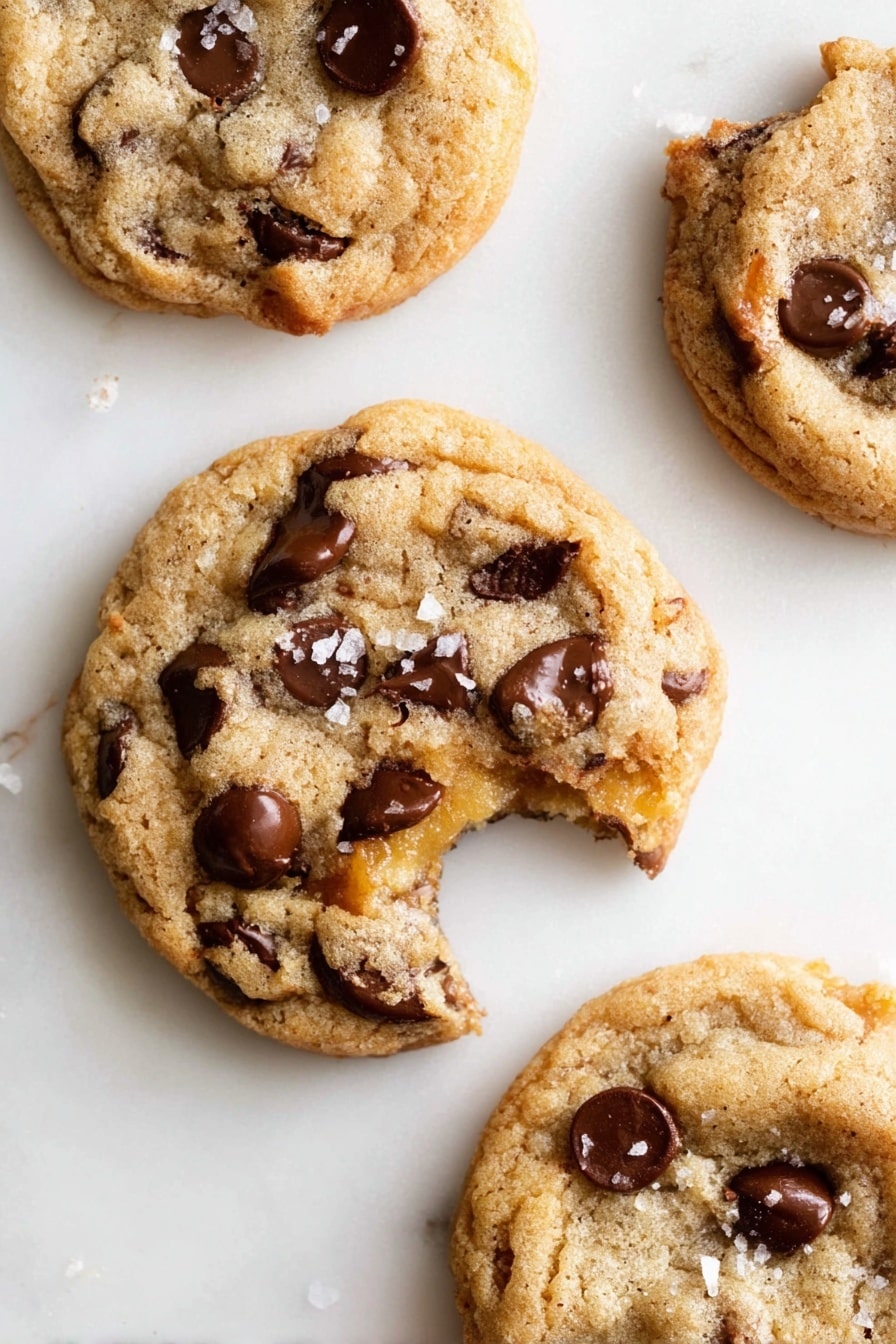 The image shows four soft chocolate chip cookies placed directly on a white marbled surface. One cookie in the center has a bite taken out of it, revealing a slightly chewy, light brown inside with melted chocolate chips. The cookies have a rough, uneven texture typical of homemade treats with golden-brown edges and darker chocolate chips scattered on top. Small grains of sea salt are sprinkled on one of the cookies, adding a subtle contrast to the smooth chocolate and crumbly dough. photo taken with an iphone --ar 2:3 --v 7 - Chewy Salted Caramel Chocolate Chip Cookies, salted caramel cookies, chocolate chip cookie recipes, homemade cookie recipes, best chewy cookies