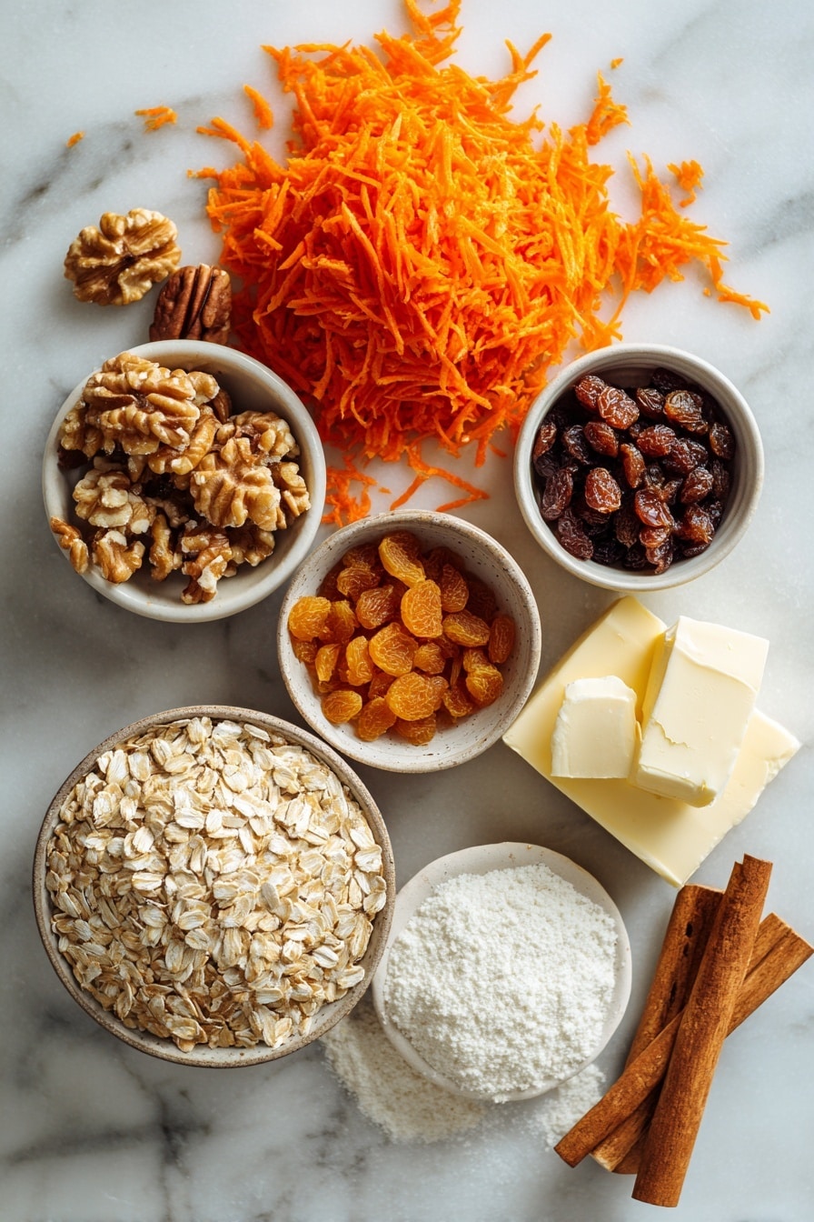 Flat lay of bright orange shredded carrots, plump golden raisins, chopped walnut halves, rustic old-fashioned oats, a mound of light brown sugar, smooth cream cheese, sticks of unsalted butter, and a small pile of warm brown cinnamon and nutmeg spices, all beautifully arranged with soft natural light and gentle shadows, placed on a white marble surface, photo taken with an iphone --ar 2:3 --v 7 - Carrot Cake Cookies with Cream Cheese Frosting, carrot cake cookie recipe, easy carrot cake cookies, homemade carrot cookie treats, moist carrot cake cookies