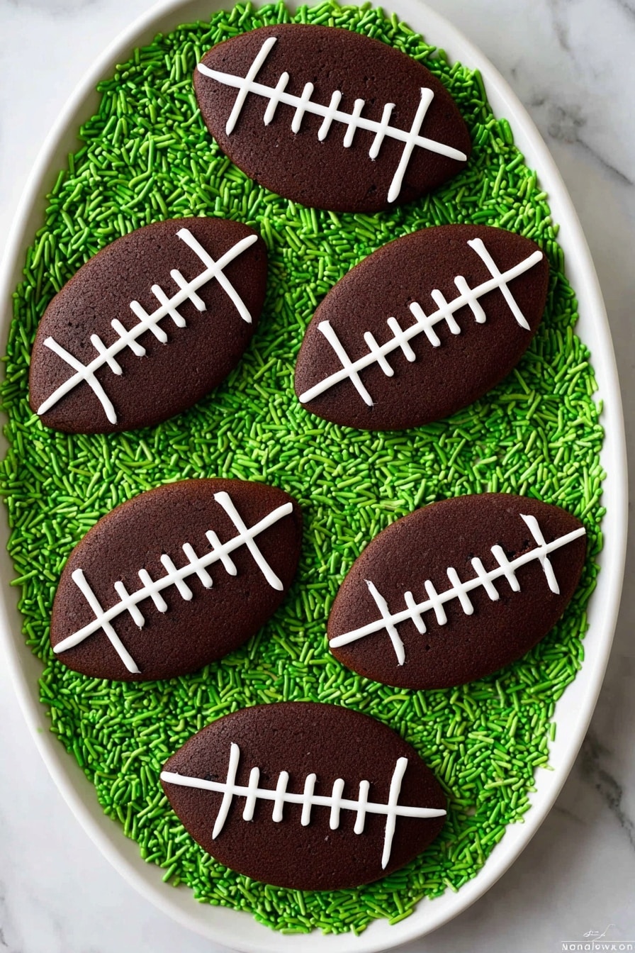 The image shows a white oval plate filled with bright green sprinkles as the base layer, creating a textured and vibrant background. On top of the sprinkles, there are six football-shaped chocolate cookies arranged evenly across the plate. Each cookie is dark brown with a smooth surface and decorated with white icing lines that mimic the stitching of a football, including three vertical laces in the center and curved side lines. The overall look is playful and festive, with clear contrast between the dark cookies and the bright green sprinkles, set against a white marbled surface. Photo taken with an iphone --ar 2:3 --v 7 - Football Cookies Chocolate Cookies Football-themed Cookies Easy Football Cookies Football Party Dessert