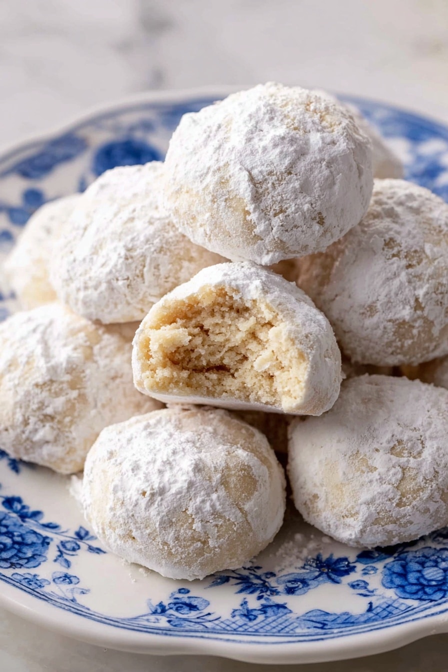 A pile of round cookies covered in white powdered sugar sits on a white plate with blue floral patterns. The cookies have a soft, slightly crumbly texture visible through one cookie that has a bite taken out of it, showing a pale beige inside. The powdered sugar coats each cookie evenly, creating a soft, snowy layer on top. The plate is placed on a white marbled surface. photo taken with an iphone --ar 2:3 --v 7 - Mexican Wedding Cookies Polvorones, traditional Mexican cookies, holiday sugar cookies, buttery nutty cookies, crumbly powdered sugar cookies