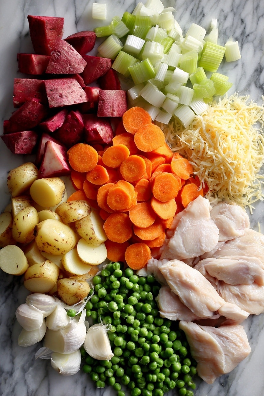 Flat lay of vibrant red potato chunks, thinly sliced bright orange carrots, crisp green celery pieces, finely chopped white onion, peeled garlic cloves, fresh green peas, tender raw chicken breasts, and a small pile of shredded pale yellow Parmesan cheese, all beautifully arranged on a white marble surface, photo taken with an iphone --ar 2:3 --v 7 - Slow Cooker Garlic Parmesan Chicken Stew, creamy chicken stew, easy slow cooker dinner, hearty chicken and veggie stew, comfort food recipes