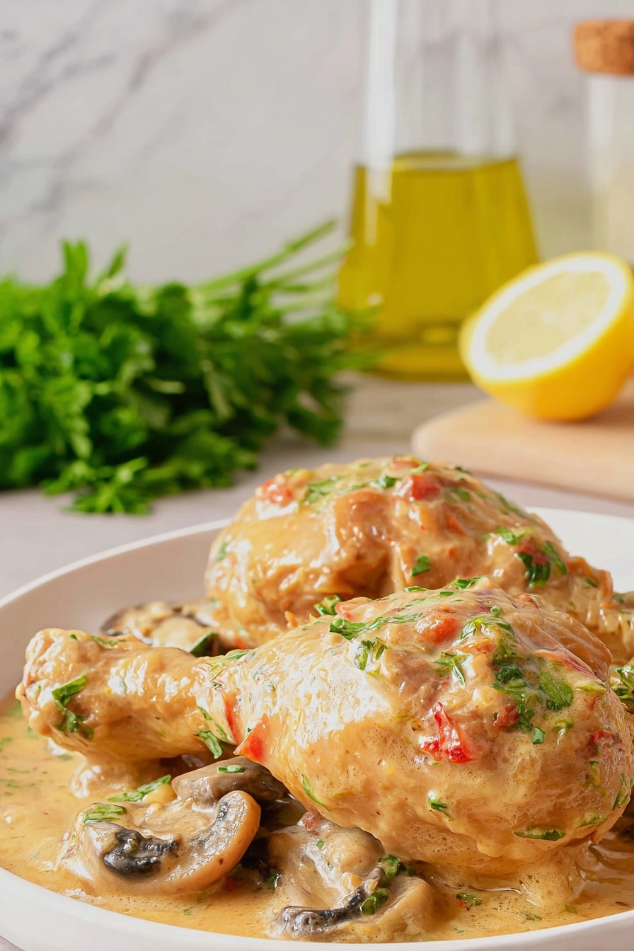 The image shows two chicken drumsticks covered in a thick, creamy light brown sauce with small pieces of red and green herbs or vegetables. The drumsticks rest on a white plate with sliced mushrooms and some green parsley for garnish. The sauce has a smooth texture and slightly glossy finish, pooling around the base of the drumsticks. Behind the plate, there is a blurred background featuring a bunch of green herbs, a glass container with yellow oil, and a lemon half, all placed on a white marbled surface. Photo taken with an iphone --ar 2:3 --v 7 - Slow Cooker Creamy Chicken and Mushrooms, creamy chicken and mushroom dinner, easy slow cooker chicken recipes, comforting slow cooker meals, savory mushroom chicken