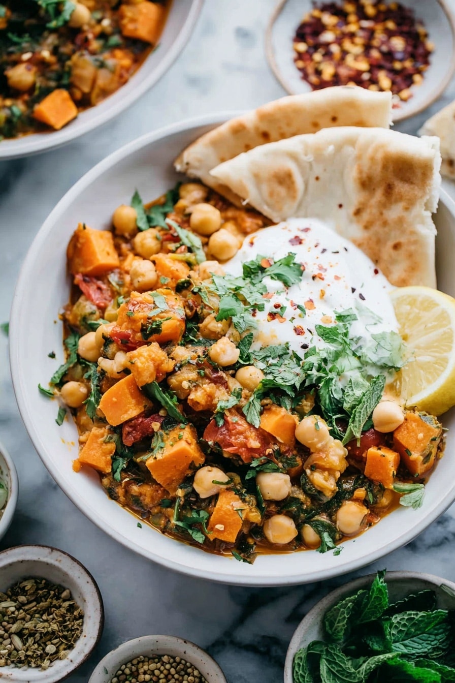 A white bowl filled with a colorful chickpea dish that has orange sweet potato chunks, green herbs like cilantro, and small pieces of tomato mixed in. A dollop of white yogurt is on one side, topped with cilantro. A lemon wedge is placed beside the yogurt, and two pieces of soft, lightly browned pita bread are tucked on the side of the bowl. The bowl sits on a surface with a white marbled texture, surrounded by small dishes holding red pepper flakes, fresh green mint leaves, and mustard seeds. Photo taken with an iphone --ar 2:3 --v 7 - Indian Chickpea Sweet Potato Stew, vegan gluten-free Indian stew, healthy chickpea sweet potato recipe, hearty vegan Indian stew, easy vegan gluten-free dinner