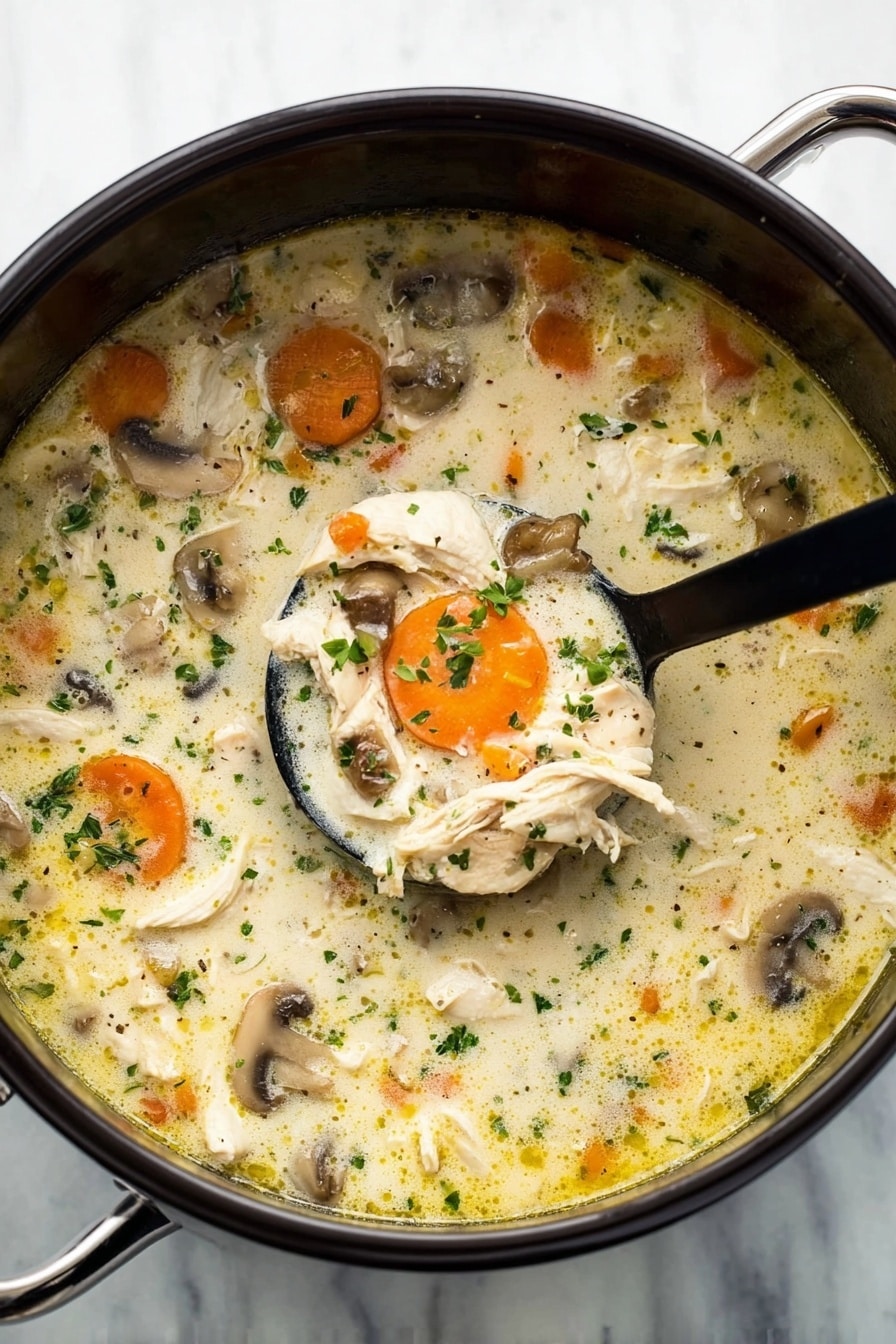 The image shows a black pot filled with creamy chicken soup made of several visible layers. The soup has white creamy broth with floating pieces of shredded white chicken, sliced orange carrots, and soft brown mushrooms scattered evenly throughout. Small bits of green herbs are sprinkled on top, adding color contrast. A black ladle dips into the soup from the upper right, scooping up a portion with a carrot slice, chicken pieces, mushroom, and broth. The pot sits on a white marbled surface. photo taken with an iphone --ar 2:3 --v 7 - Easy Chicken Stew, hearty chicken stew, simple chicken stew, comfort food recipes, one-pot chicken stew