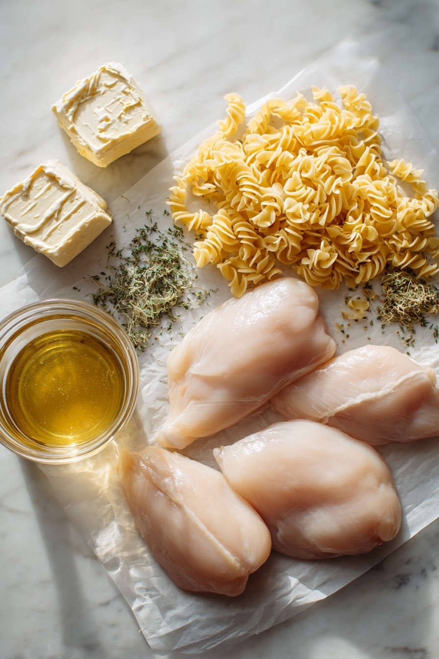 Flat lay of raw boneless, skinless chicken breasts, two unopened cans of cream of chicken soup, dried parsley sprinkled loosely, pale yellow stick of butter sliced into pats, uncooked curly egg noodles arranged in small piles, and a clear glass jar filled with golden chicken broth, all beautifully arranged with natural light highlighting their textures, placed on a white marble surface, photo taken with an iphone --ar 2:3 --v 7 - Crockpot Chicken and Noodles, slow cooker chicken and noodles, easy chicken noodle dinner, comforting slow cooker recipes, family-friendly crockpot meals