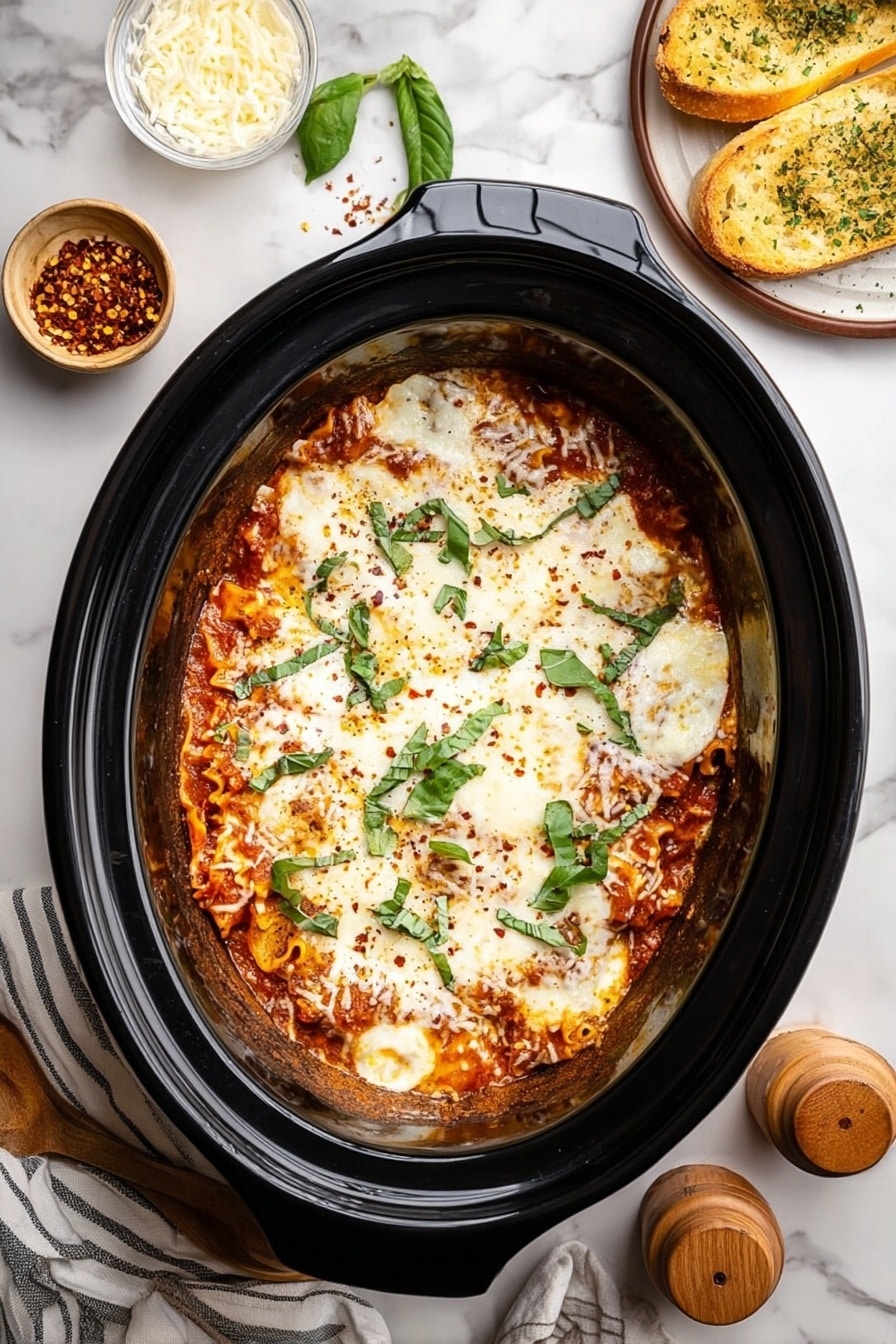 The image shows a black oval slow cooker filled with a baked lasagna. The lasagna has three visible layers: a base layer of reddish tomato sauce with visible pasta edges, a middle layer of melted white cheese with a slightly golden tint in some parts, and a top layer sprinkled with fresh green basil leaves and small bits of red pepper flakes. The edges of the lasagna are slightly browned and crispy. Around the cooker on a white marbled surface, there are small bowls of grated cheese and red pepper flakes, a clear glass of water, two wooden salt and pepper grinders, a round plate with slices of garlic bread sprinkled with herbs, and a wooden spoon resting on a striped cloth. photo taken with an iphone --ar 2:3 --v 7 - Crockpot Lasagna, slow cooker lasagna recipe, easy crockpot lasagna, homemade crockpot lasagna, hearty lasagna in slow cooker