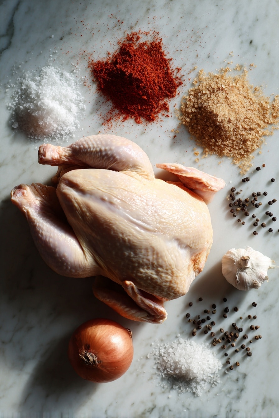 Flat lay of a whole raw chicken, brown sugar crystals, smoked paprika powder with its deep red hue, white garlic powder, onion powder, coarse salt crystals, and black peppercorns scattered artistically, all placed on a white marble surface, photo taken with an iphone --ar 2:3 --v 7 - Slow Cooker Whole Chicken with Spice Rub and Crispy Skin, flavorful slow cooker chicken recipe, juicy roasted chicken, easy chicken dinner ideas, crispy skin chicken
