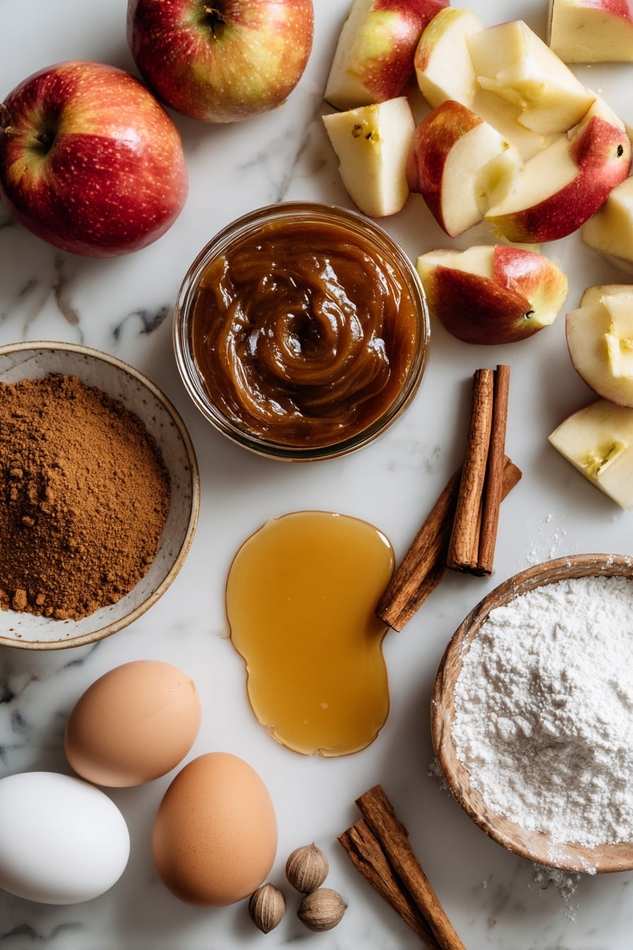 Flat lay of golden browned butter in a small pool, glossy apple butter in a jar, light and dark brown sugars heaped with cinnamon sticks resting beside, chopped Honeycrisp apples with their red and yellow skin peeking through, whole eggs with smooth shells, warm maple syrup glistening in a shallow puddle, a sprinkle of fine powdered sugar dusted delicately nearby, and a few nutmeg seeds scattered artistically, placed on a white marble surface, photo taken with an iphone --ar 2:3 --v 7 - Brown Butter Apple Blondies with Cinnamon Maple Glaze, fall dessert recipes, cozy apple blondies, cinnamon maple glaze treat, easy autumn blondies