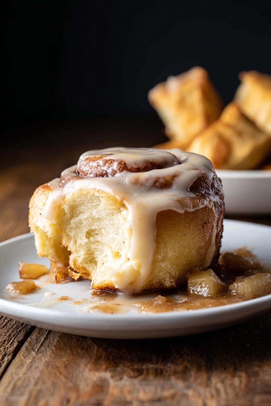 A single cinnamon roll is placed at the center of a white plate on a wooden surface. The cinnamon roll is light golden brown with visible swirls of cinnamon and a thick, creamy beige icing covering the top and slightly dripping down the sides. Around the cinnamon roll, there is a light brown sauce with small pieces of apple-like chunks scattered on the plate. To the left, a portion of the cinnamon roll is torn off, showing its soft, fluffy, and yellowish interior texture. In the background, three pieces of torn pastry or dough stand upright, slightly out of focus. The background is dark, creating a strong contrast with the plate and the cinnamon roll. photo taken with an iphone --ar 2:3 --v 7 - Apple Cinnamon Rolls with Brown Butter Maple Icing, apple cinnamon rolls, brown butter maple frosting, apple cinnamon roll recipe, easy cinnamon roll with apple