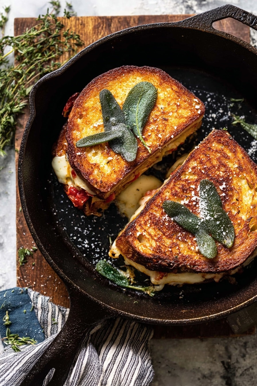 Two grilled sandwiches with golden brown crusts sit in a black cast iron pan, each topped with crispy green sage leaves and sprinkled with coarse salt. The sandwiches show a glimpse of melted cheese and slices of red tomato peeking from inside. The pan is placed on a rough wooden board, with fresh herbs scattered around and a striped cloth napkin at the edge. The background is changed to a white marbled texture. photo taken with an iphone --ar 2:3 --v 7 - French Onion and Apple Grilled Cheese, caramelized onion grilled cheese, apple and cheese sandwich, gourmet grilled cheese recipes, sweet and savory grilled cheese