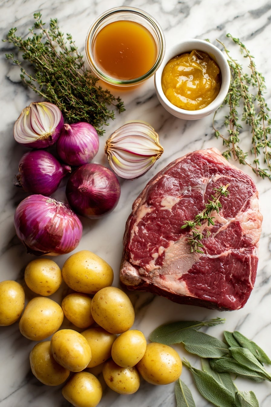 Flat lay of a thick beef chuck roast, golden small potatoes, fresh sage leaves, bright yellow onions thinly sliced, halved shallots with their soft purple tones, a small bowl of apple butter, sprigs of fresh thyme, and a glass of amber apple cider, all beautifully arranged and vibrant, placed on a white marble surface, photo taken with an iphone --ar 2:3 --v 7 - Cider Braised Pot Roast with Crispy Sage Potatoes, hearty beef stew with apple cider, fall comfort food recipes, slow braised beef with sage potatoes, cozy wintry dinner ideas