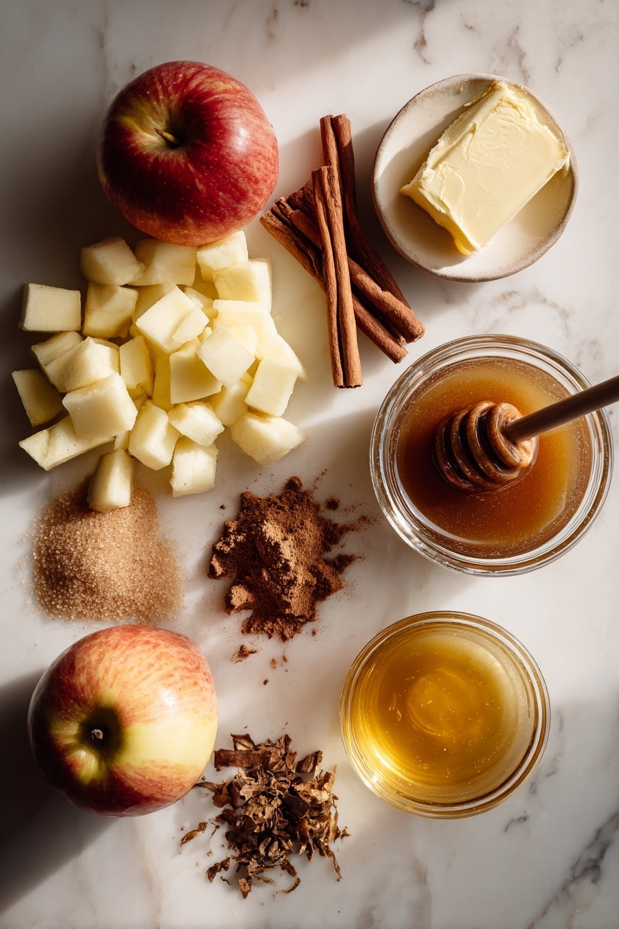 Flat lay of a Honeycrisp apple chopped into small pieces, a small pile of dark brown sugar, a few sticks of cinnamon, ground nutmeg and ground ginger scattered delicately, a pat of salted butter partially melted, a small jar of smooth apple butter with a wooden dipper beside it, and a small glass bowl of golden apple cider reduction, all beautifully arranged with warm lighting and natural shadows placed on a white marble surface, photo taken with an iphone --ar 2:3 --v 7 - Baked Cinnamon Crunch Apple Cider Doughnuts, apple cider doughnuts, cinnamon crunch doughnuts, baked fall doughnuts, autumn apple desserts
