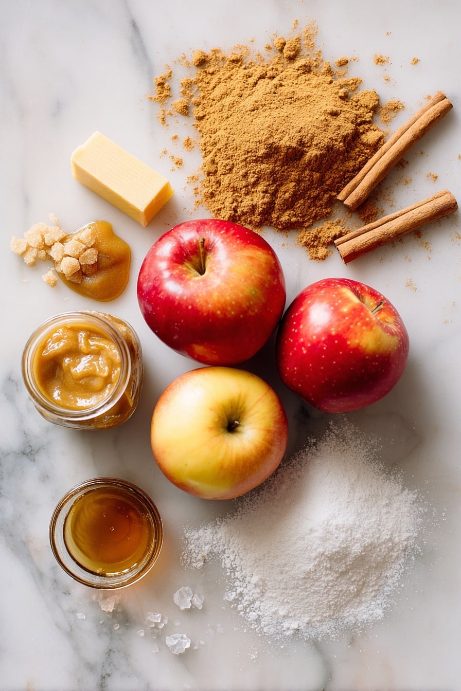 Flat lay of two bright Honeycrisp apples, a small mound of golden brown sugar, a stick of melted salted butter glistening, a dollop of creamy apple butter, a small jar of vanilla extract with a tiny spill, a heap of warm cinnamon powder, smooth white powdered sugar scattered lightly, and a few flakes of coarse sea salt crystals, all beautifully arranged on a white marble surface, photo taken with an iphone --ar 2:3 --v 7 - Glazed Honeycrisp Apple Fritter Cake, apple fritter cake, honeycrisp apple dessert, fall apple cake, cinnamon apple cake