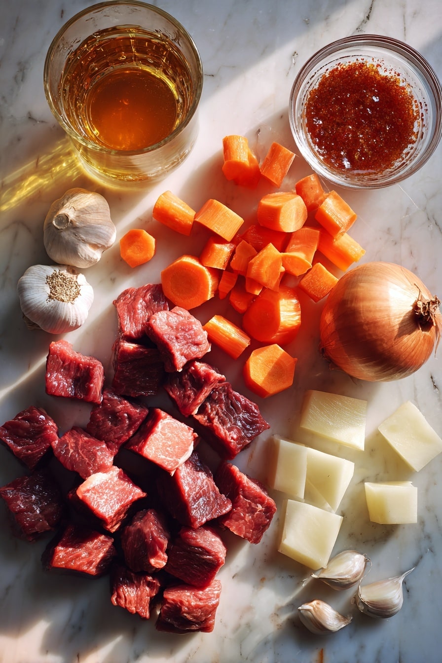 Flat lay of succulent raw beef cubes, vibrant peeled and chopped carrots, rustic swede chunks, a whole golden brown onion, several peeled garlic cloves, a small pile of deep red tomato puree, a few beef stock cubes, and a glass of amber beer, all beautifully arranged with natural lighting, placed on a white marble surface, photo taken with an iphone --ar 2:3 --v 7 - Slow Cooker Beef Stew with Rich Gravy, hearty beef stew, easy slow cooker recipes, comforting beef stew, flavorful beef stew recipes