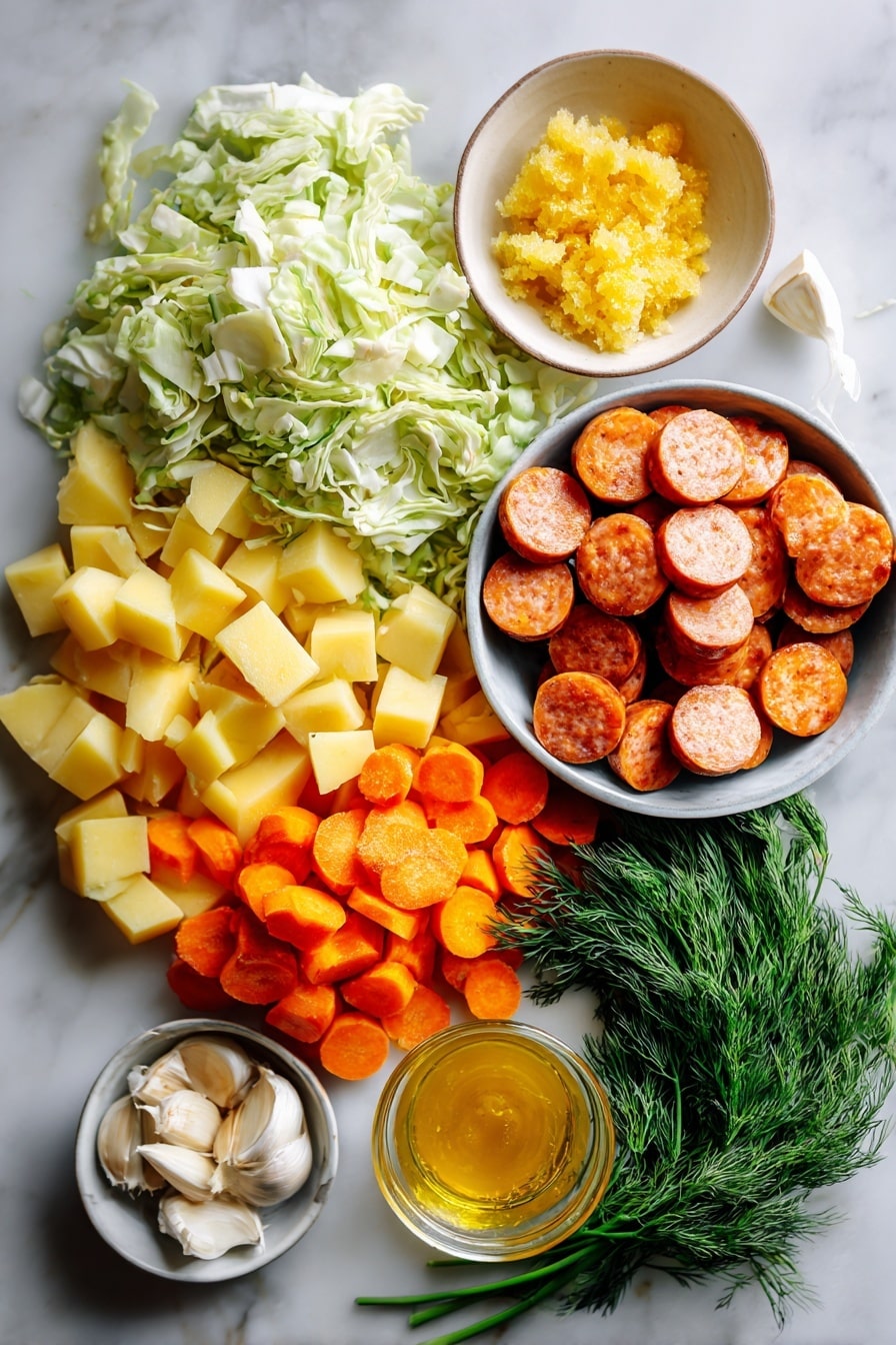 Flat lay of sliced kielbasa sausage rounds, bright orange carrot slices, cubed Yukon Gold potatoes, shredded green cabbage, diced yellow onion, minced garlic cloves, fresh dill sprigs, and a small pat of golden ghee beautifully arranged on a white marble surface, photo taken with an iphone --ar 2:3 --v 7 - Kielbasa and Cabbage Soup, hearty sausage and cabbage soup, easy kielbasa soup recipe, comforting cabbage and sausage stew, quick sausage and veggie soup
