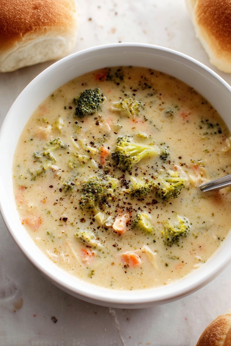A white bowl filled with creamy soup, showing small green broccoli pieces, orange carrot bits, and tiny shreds of light-colored meat mixed in a thick light beige broth, all topped with a sprinkle of black pepper. The bowl sits on a white marbled surface with two soft bread rolls nearby, one partially visible at the top right and another near the bottom right edge. The texture of the soup looks smooth yet chunky with visible small vegetable and meat pieces. Photo taken with an iphone --ar 2:3 --v 7 - Creamy Chicken and Broccoli Soup, chicken broccoli soup, creamy chicken soup, healthy chicken soup, comforting soup recipes
