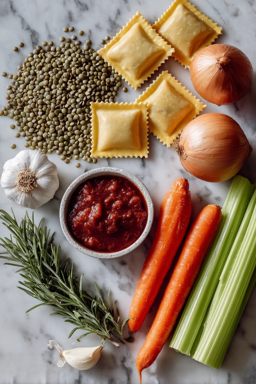Flat lay of small green Umbrian lentils, uncooked sagnarelli pasta, a whole peeled onion, two bright orange carrots, two crisp celery stalks, two garlic cloves, fresh green rosemary sprig, and a small dish of deep red tomato concentrate, all beautifully arranged on a white marble surface, photo taken with an iphone --ar 2:3 --v 7 - Umbrian Lentil Soup with Pasta, Italian lentil soup recipe, hearty Italian soup, rustic Umbrian cuisine, easy lentil soup with pasta