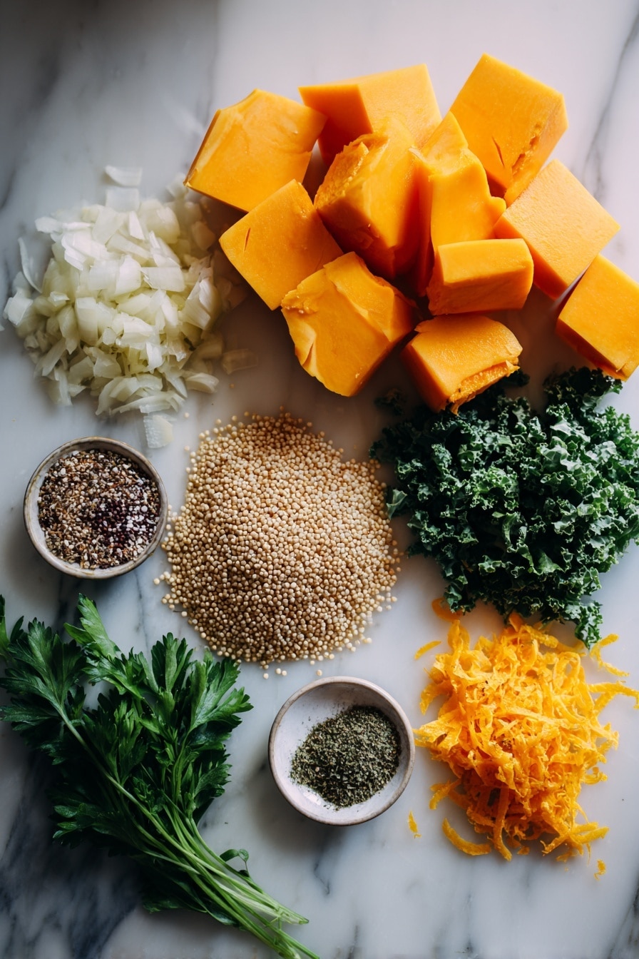 Flat lay of vibrant cubed butternut squash, tender shredded rotisserie chicken, finely chopped yellow onion, minced garlic cloves, a scattering of uncooked quinoa grains, bright green chopped kale leaves, fresh flat-leaf parsley sprigs, small piles of dried oregano and ground cumin, and a few thin strips of orange zest, all beautifully arranged with natural light highlighting their textures and colors, placed on a white marble surface, photo taken with an iphone --ar 2:3 --v 7 - Fall Chicken Stew with Quinoa and Butternut Squash, hearty fall chicken stew, healthy chicken and quinoa dinner, cozy autumn chicken stew, nutritious butternut squash stew