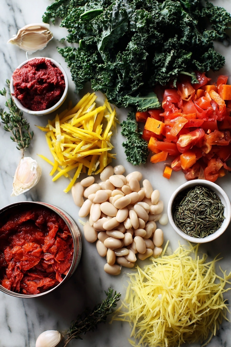 Flat lay of vibrant shredded kale, diced roma tomatoes with bright red hues, sliced yellow squash matchsticks, small diced shallot pieces, peeled garlic cloves, a small pile of rich tomato paste, dried thyme sprigs, and a can of great northern beans spilling out creamy white beans, all beautifully arranged on a white marble surface, photo taken with an iphone --ar 2:3 --v 7 - Stewed Great Northern Beans with Kale, Tomatoes, and Herbs, healthy bean and kale stew, hearty vegetarian dinner, easy bean recipes, plant-based comfort food