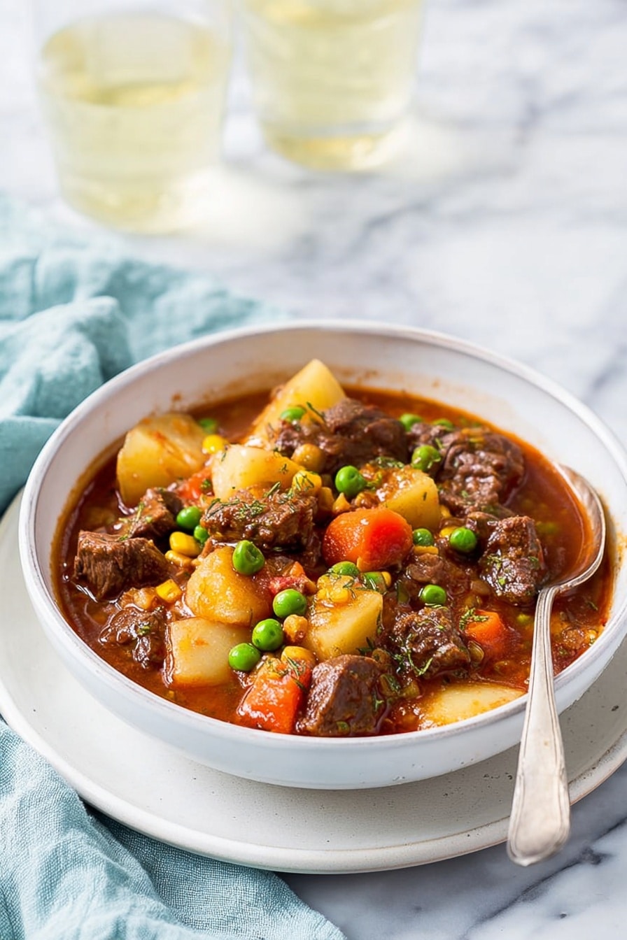 A white bowl filled with thick beef stew sits on a white marbled surface, with a white plate underneath. The stew has three main layers: the top layer is bright green peas scattered unevenly, followed by small, orange carrot cubes and corn kernels adding patches of yellow. The bottom layers include large brown beef chunks and pale cream potato pieces, all soaked in rich dark brown-red sauce. A silver spoon rests partially dipped in the stew on the right side of the bowl. In the blurred background, two clear glasses filled with a light yellow drink and a soft blue cloth are visible. Photo taken with an iphone --ar 2:3 --v 7 - Pressure Cooker Beef Stew, Instant Pot Beef Stew, Quick Beef Stew Recipe, Easy Beef Stew, Hearty Beef Stew