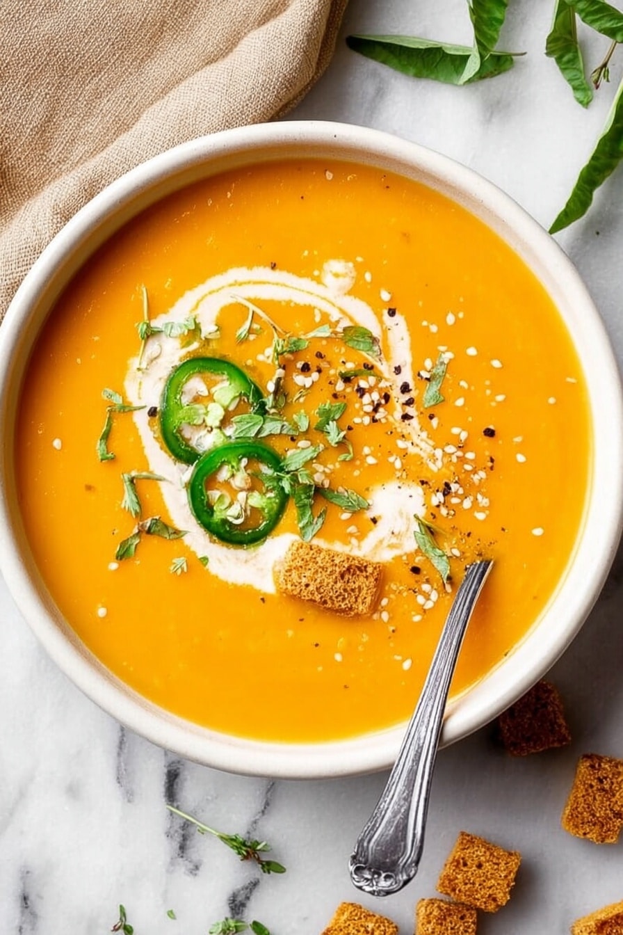 A bowl of bright orange soup fills the white bowl, with creamy white swirls on top. There are three slices of fresh green jalapeño peppers placed near the center, along with small green herb leaves scattered nearby. A few small brown croutons sit on one side, with light sesame seeds sprinkled around. A silver spoon rests in the bowl near the bottom right edge. The bowl is placed on a white marbled surface with a beige cloth and green leaves visible near the top edge of the image. photo taken with an iphone --ar 2:3 --v 7 - Creamy Pumpkin Curry Soup, pumpkin curry soup recipe, easy pumpkin soup, savory pumpkin curry, quick weeknight pumpkin soup