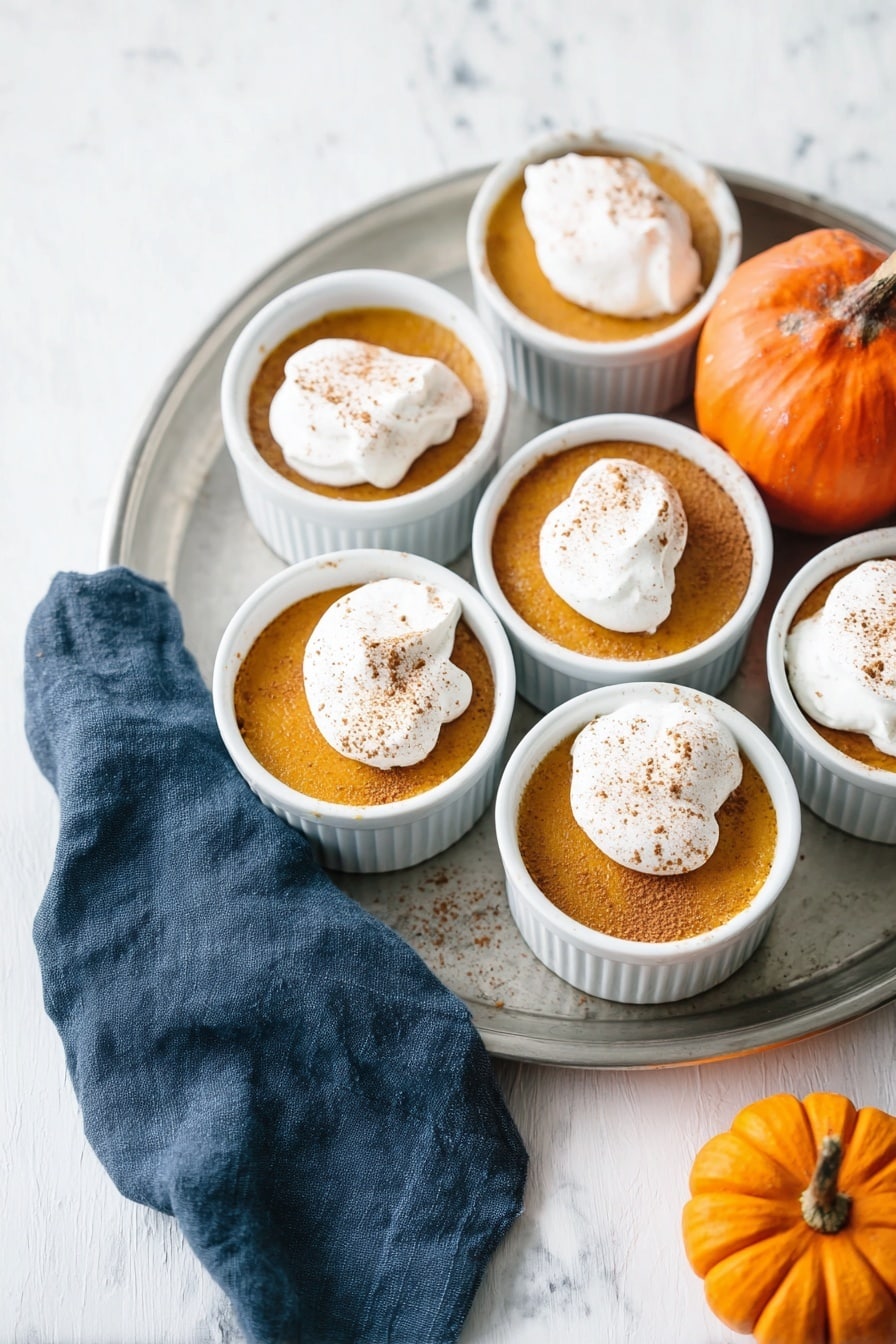 There are five white ramekins filled with a smooth orange pumpkin dessert, each topped with a dollop of white whipped cream sprinkled with brown cinnamon powder. They are arranged on a round silver tray set on a white marbled surface. To the right of the ramekins, there is a small orange pumpkin and a dark blue cloth casually placed on the tray. The scene is bright and simple, with the colors of orange, white, silver, and blue creating a cozy autumn feel. photo taken with an iphone --ar 2:3 --v 7 - Creamy Pumpkin Egg Custard, pumpkin custard dessert, easy pumpkin custard, pumpkin spice custard, homemade pumpkin custard