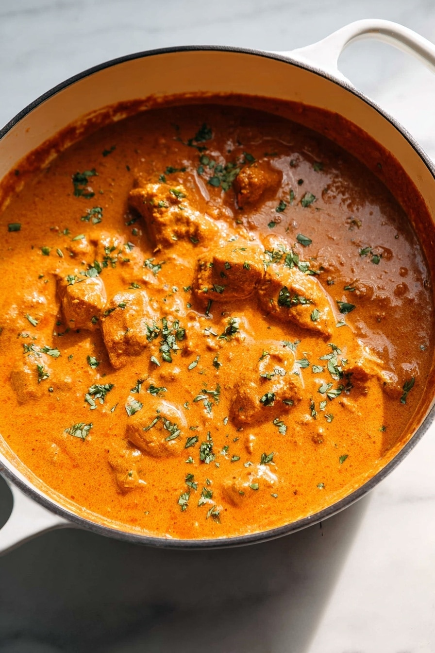 A white pot filled with a thick, creamy orange curry sauce with chunks of meat covered in the sauce. The surface has small green herb pieces sprinkled evenly on top. The pot is placed on a white marbled surface, with the sauce texture smooth and slightly glossy, showing some small lumps and pieces of food inside. The white pot handle is visible in the corner, and the lighting is bright and natural, highlighting the rich colors of the curry photo taken with an iphone --ar 2:3 --v 7 - Finger Lickin' Butter Chicken Murgh Makhani, easy Indian butter chicken recipe, homemade butter chicken, authentic Indian chicken curry, creamy butter chicken at home