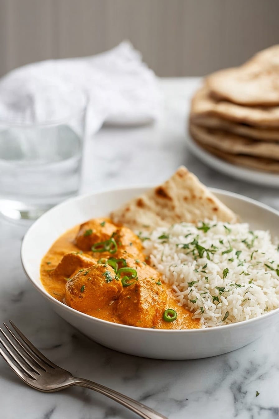 A shallow white bowl holds two main parts: on the left, several orange curry pieces covered in a creamy sauce with a smooth, thick texture, dotted with thin slices of green chili and small green herbs; on the right, a mound of fluffy white rice with a light sprinkling of green herbs. A piece of flatbread rests on the edge between the rice and curry. The bowl is placed on a white marbled surface, with a silver fork in front of it and a glass of water slightly blurred in the background. Stacks of brown flatbreads and a white cloth are softly out of focus behind the bowl. Photo taken with an iphone --ar 2:3 --v 7 - Finger Lickin' Butter Chicken Murgh Makhani, easy Indian butter chicken recipe, homemade butter chicken, authentic Indian chicken curry, creamy butter chicken at home