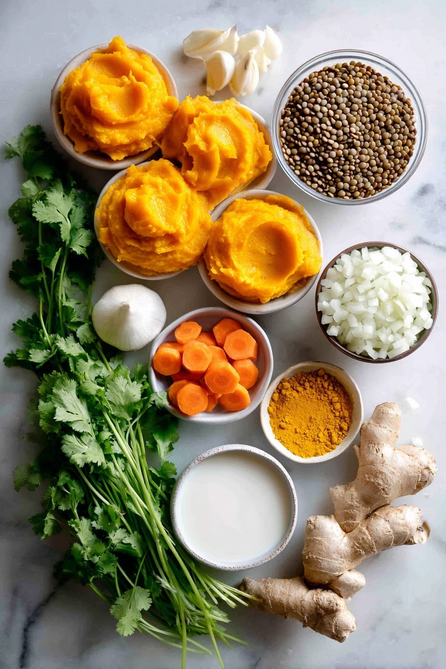 Flat lay of bright orange pumpkin puree dollops, vibrant green fresh cilantro leaves, a cluster of whole brown lentils, fresh sliced rounds of bright orange carrot, peeled white garlic cloves, a small mound of warm yellow curry powder, a piece of fresh ginger root with its knobby texture, a white diced onion pile, and a small bowl of creamy coconut milk, all beautifully arranged with natural light and soft shadows, placed on a white marble surface, photo taken with an iphone --ar 2:3 --v 7 - Vegan Curried Pumpkin Lentil Soup, vegan pumpkin lentil soup, healthy vegan soup recipes, easy plant-based lentil soup, comforting fall vegan soup