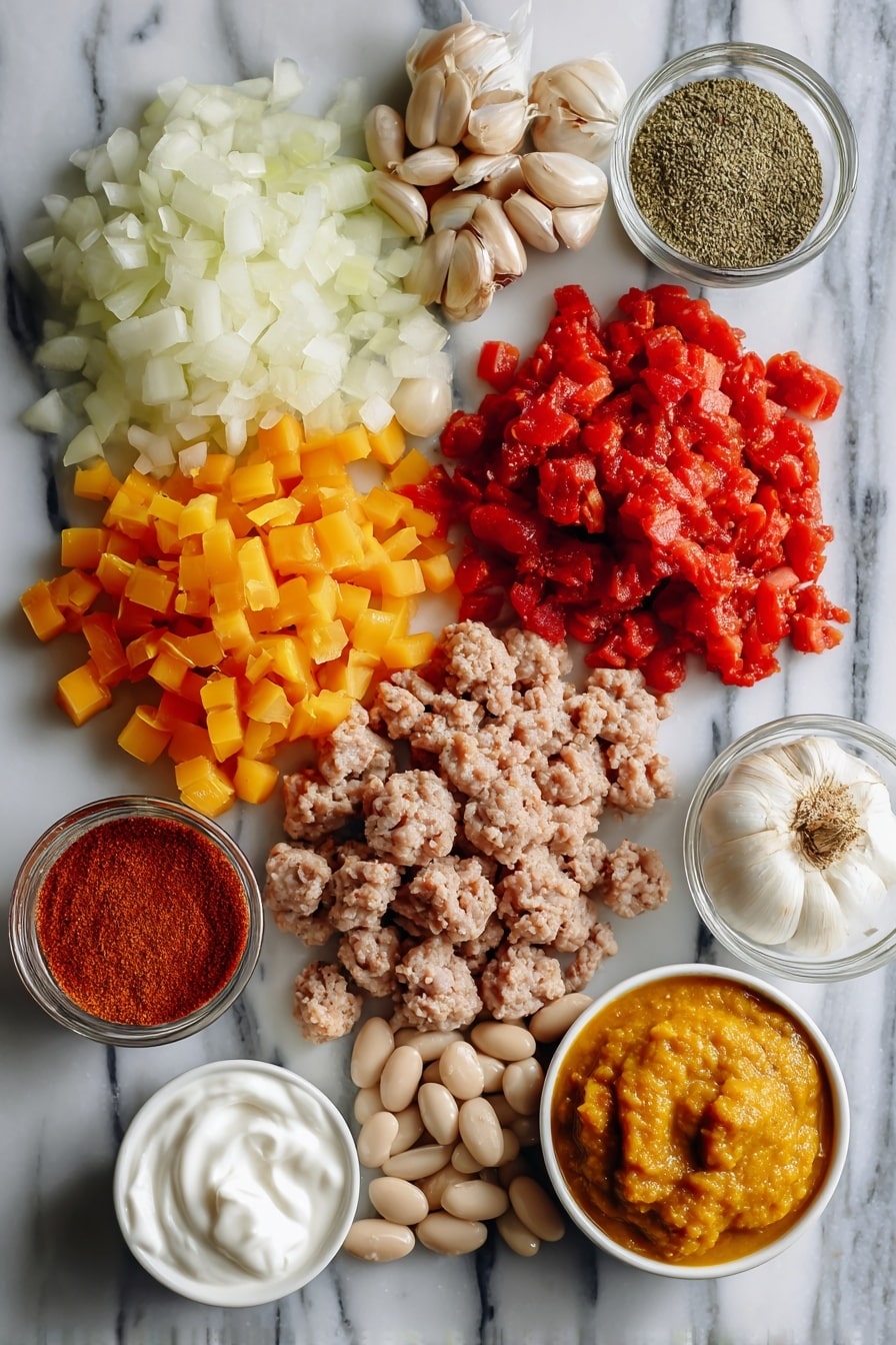 Flat lay of diced yellow onion, bright orange bell pepper pieces, whole garlic cloves, ground turkey raw and fresh, glossy white cannellini beans, vibrant fire-roasted diced tomatoes in rich red hues, smooth pumpkin puree dollops, and a small pile of creamy sour cream, all beautifully arranged with a sprinkle of chili powder and ground cumin nearby, placed on a white marble surface, photo taken with an iphone --ar 2:3 --v 7 - Turkey Pumpkin Chili, turkey pumpkin chili recipe, healthy pumpkin chili, cozy fall chili, white beans pumpkin chili