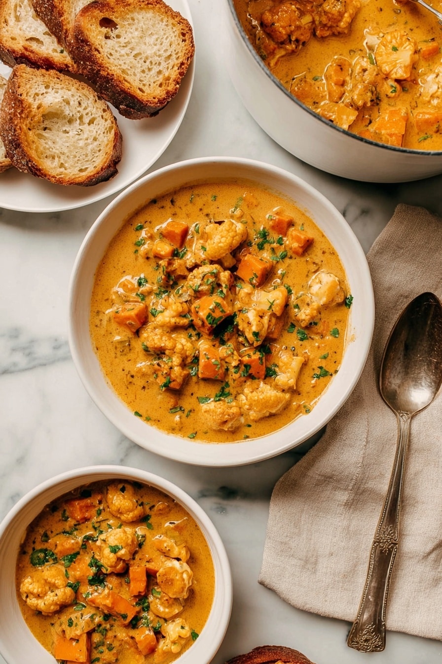 The image shows a thick, creamy stew with chunks of orange sweet potatoes, off-white cauliflower florets, and small green chopped herbs on top, all mixed in a rich golden-orange sauce. There are two white bowls filled with the stew, one in the center and one at the bottom left corner, both showing the same stew texture with visible pieces of vegetables. Near the center bowl, on the right side, a silver spoon rests on a beige cloth napkin placed on a white marbled surface. On the upper left corner, two slices of toasted bread sit on a white plate. A larger white pot filled with more stew is partially visible in the top right corner. The photo is taken with an iphone --ar 2:3 --v 7 - Creamy Cauliflower & Sweet Potato Chowder, vegan cauliflower soup, dairy-free vegetable chowder, easy healthy vegan soup, hearty roasted vegetable soup