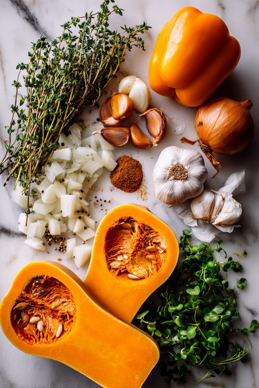Flat lay of halved roasted butternut squash with vibrant orange flesh, a whole orange bell pepper, a peeled and chopped medium onion, several cloves of minced garlic, fresh thyme sprigs, dried cumin seeds, a small pile of ground nutmeg, handfuls of bright green parsley leaves and microgreens, all beautifully arranged with natural light highlighting their rich colors and textures, placed on a white marble surface, photo taken with an iphone --ar 2:3 --v 7 - Orange Shakshuka with Butternut Squash and Spiced Vegetables, healthy shakshuka with roasted butternut squash, flavorful breakfast shakshuka, vegetarian brunch ideas, comforting vegetable shakshuka